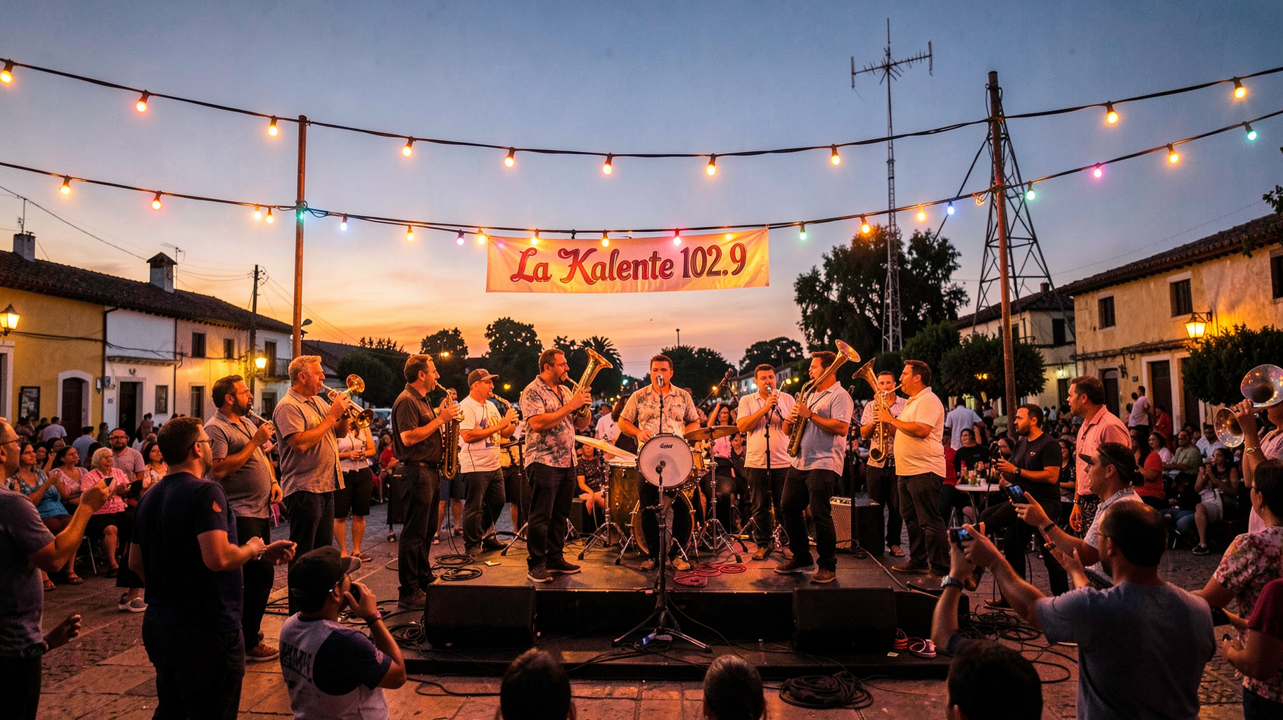 An outdoor banda music celebration at dusk in a Mexican plaza with a stage banner reading La Kaliente 102.9
