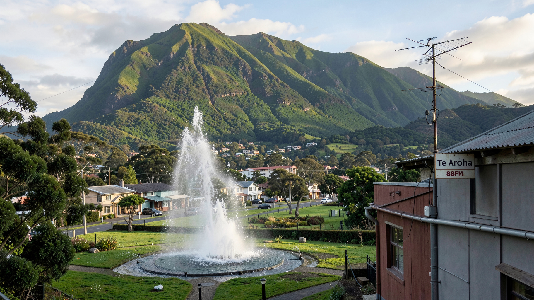 The town of Te Aroha, New Zealand with its mountain backdrop and a soda-water geyser in the domain park