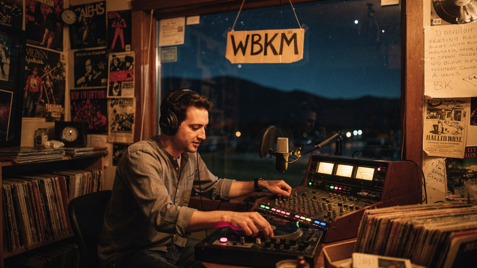A small radio studio at night in Burlington, Vermont with a sign reading WBKM, inspired by WBKM