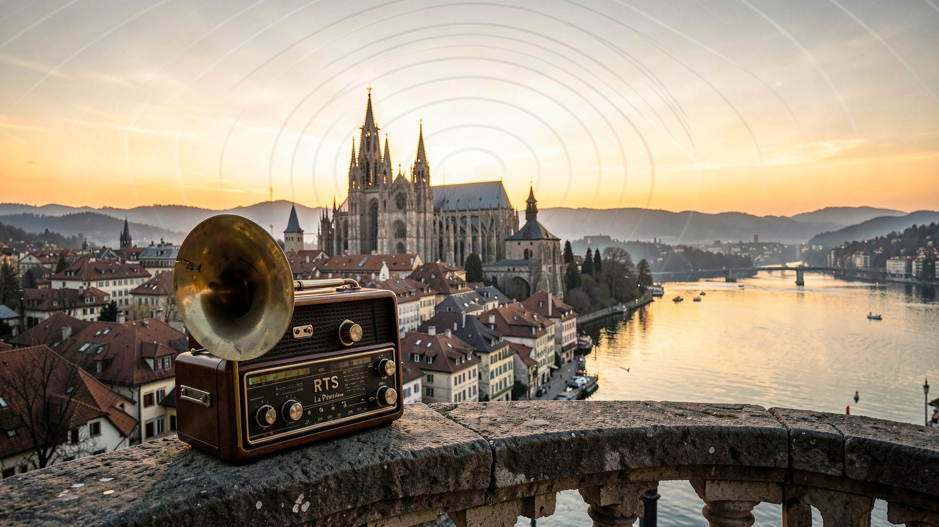 Lausanne at sunrise with a vintage wireless set and a sign reading RTS La Première