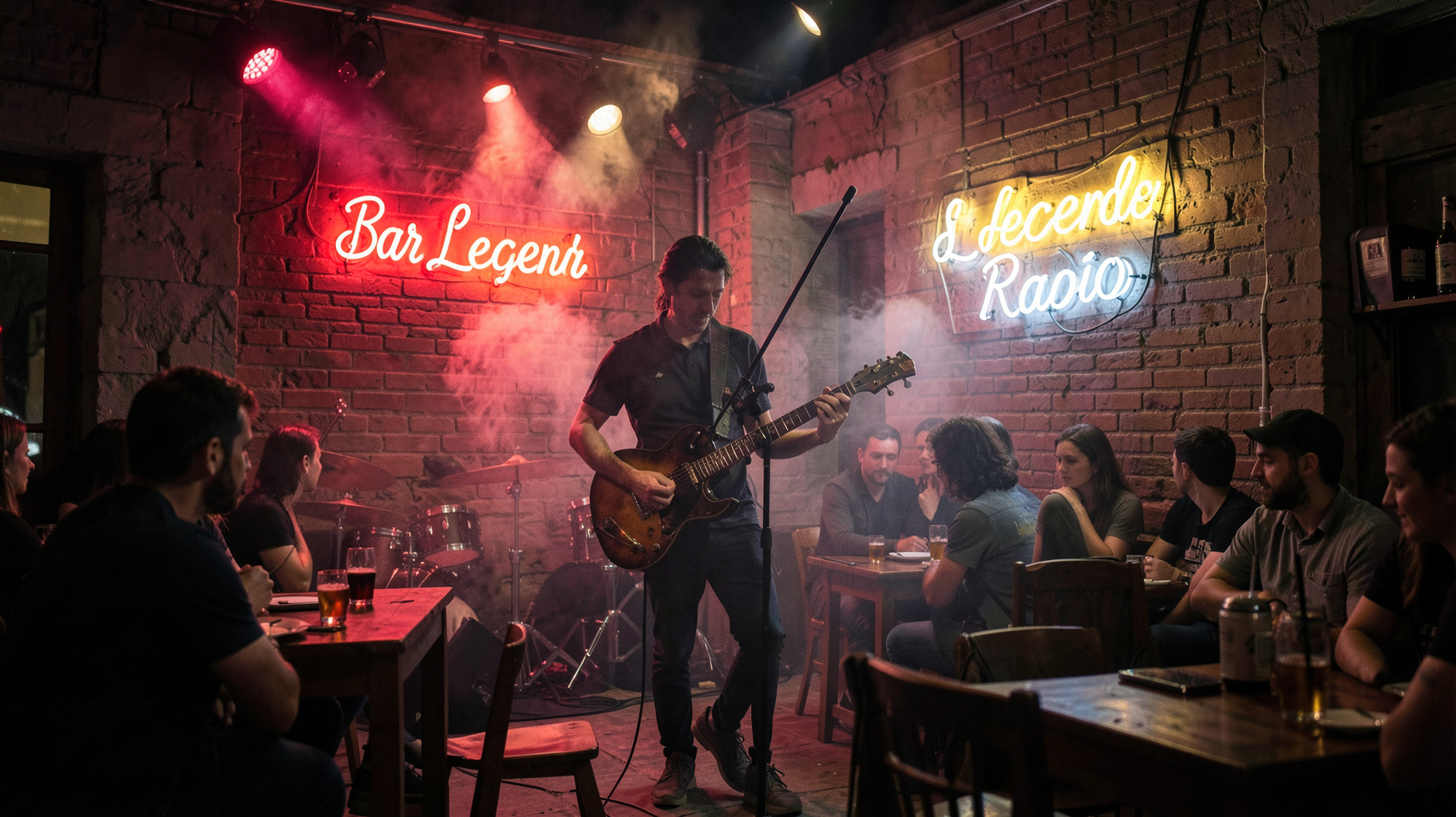 A smoky blues rock bar with a guitarist on stage and a neon sign reading Bar Legend Radio