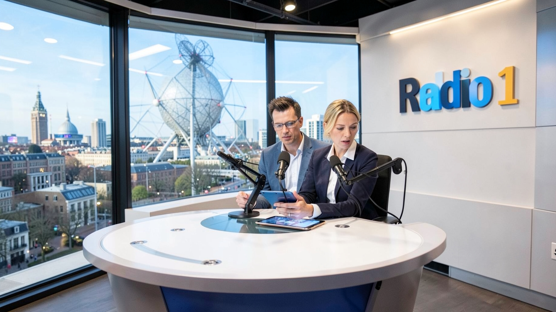 Modern Belgian news radio studio in Brussels representing VRT Radio 1