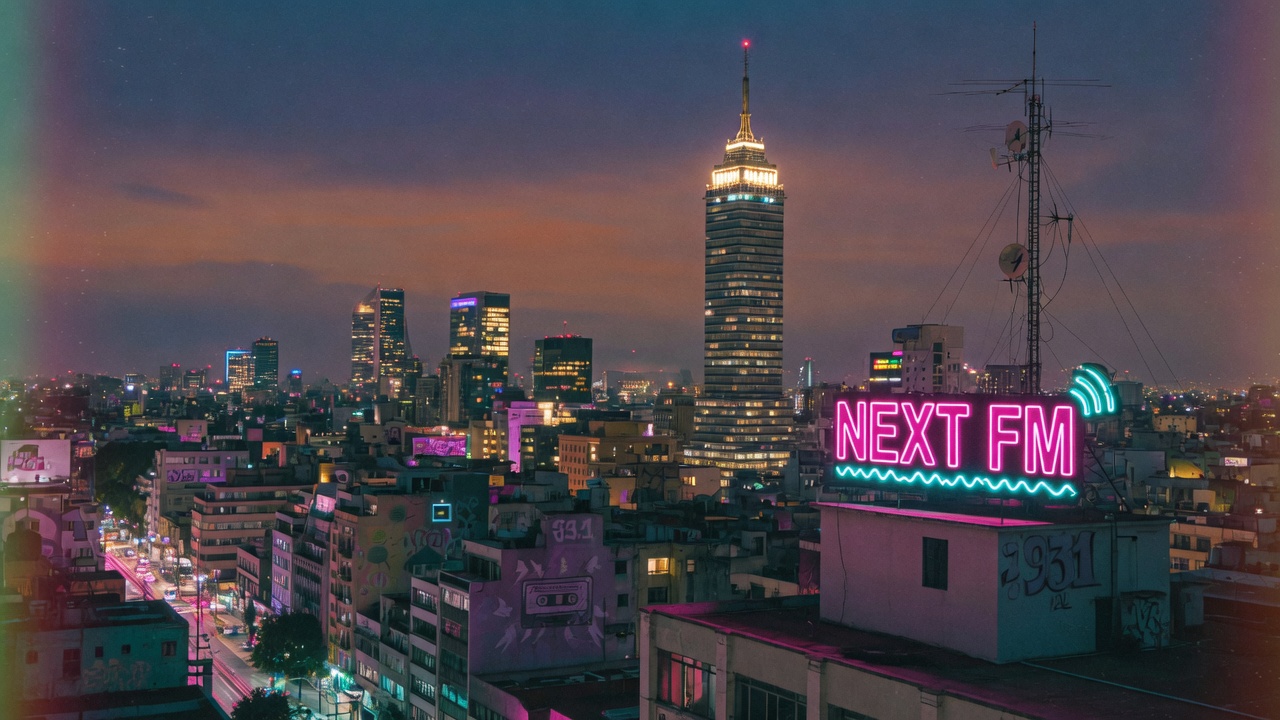 Mexico City skyline at dusk with a glowing NEXT FM neon rooftop sign above the Torre Latinoamericana