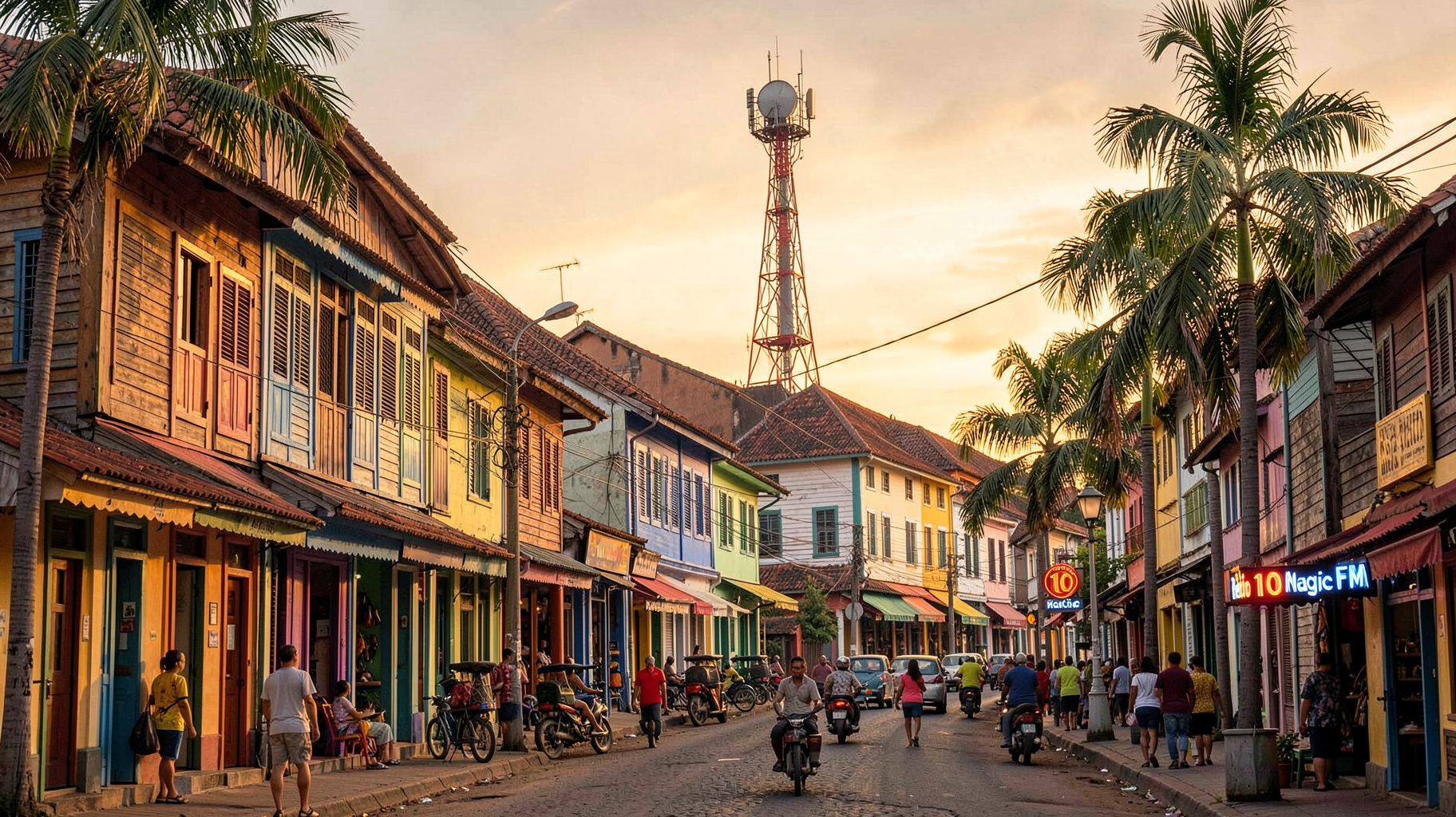 Colorful Dutch colonial buildings in Paramaribo, Suriname at golden hour with a Radio 10 Magic FM sign