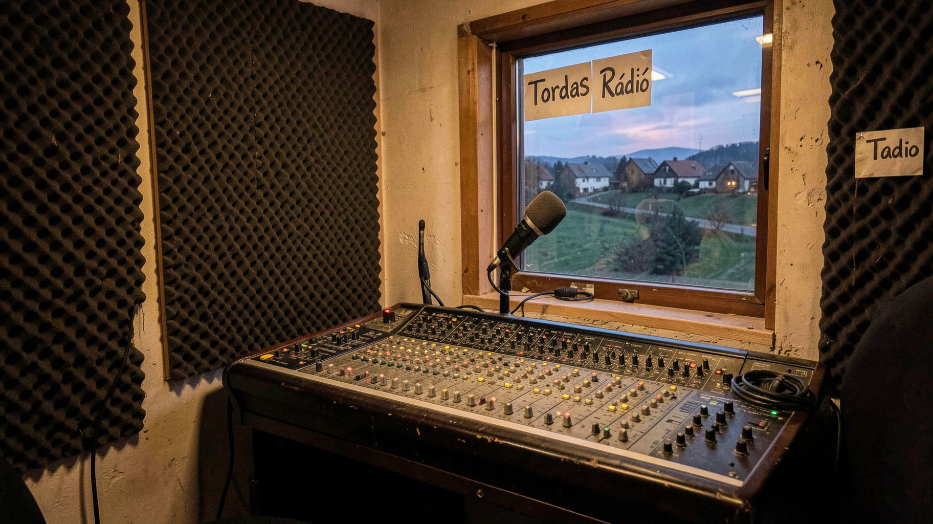 A small grassroots community radio booth in rural Hungary with a sign reading Tordas Radio