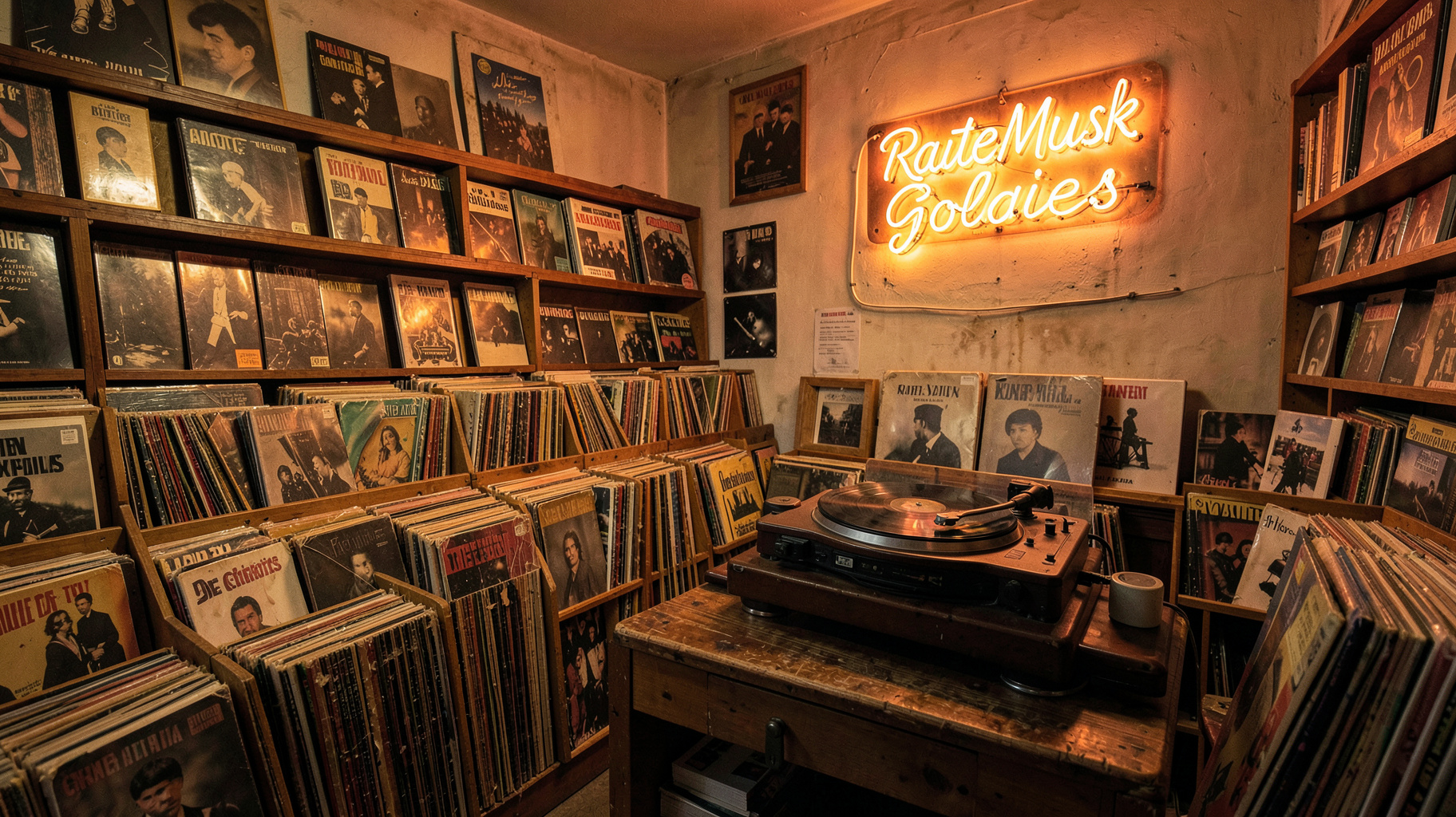 A vintage record shop interior with a retro sign reading RauteMusik Goldies
