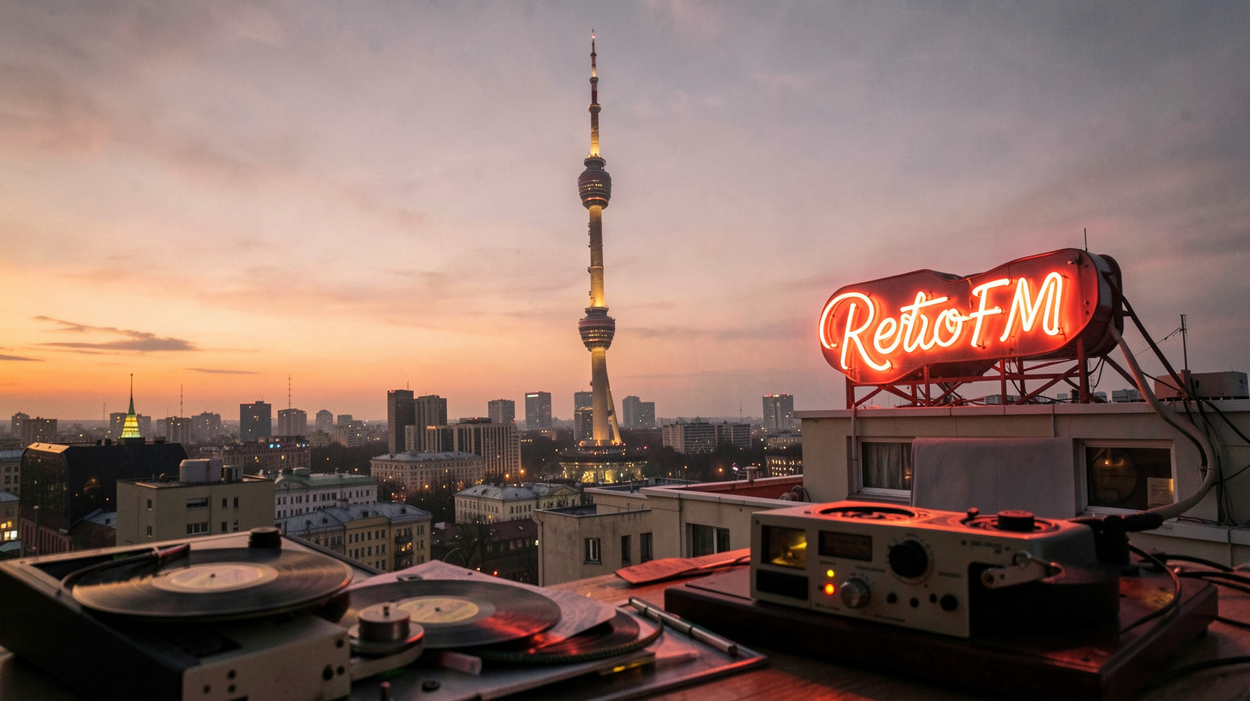 The Ostankino Tower over the Moscow skyline at dusk with a neon sign reading RetroFM and vintage vinyl records in the foreground
