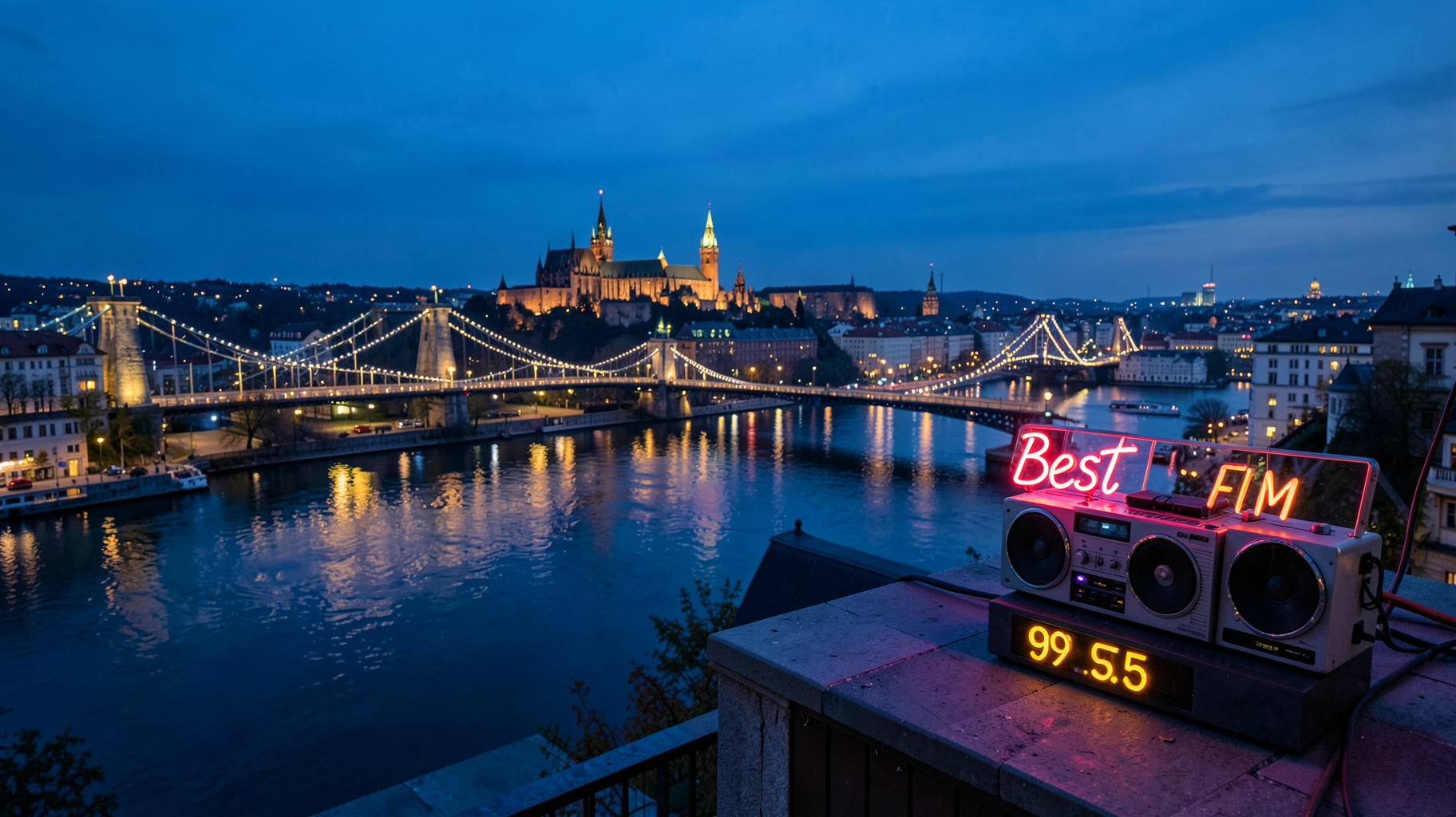 Budapest at blue hour with the Chain Bridge lit up and a neon sign reading Best FM 99.5