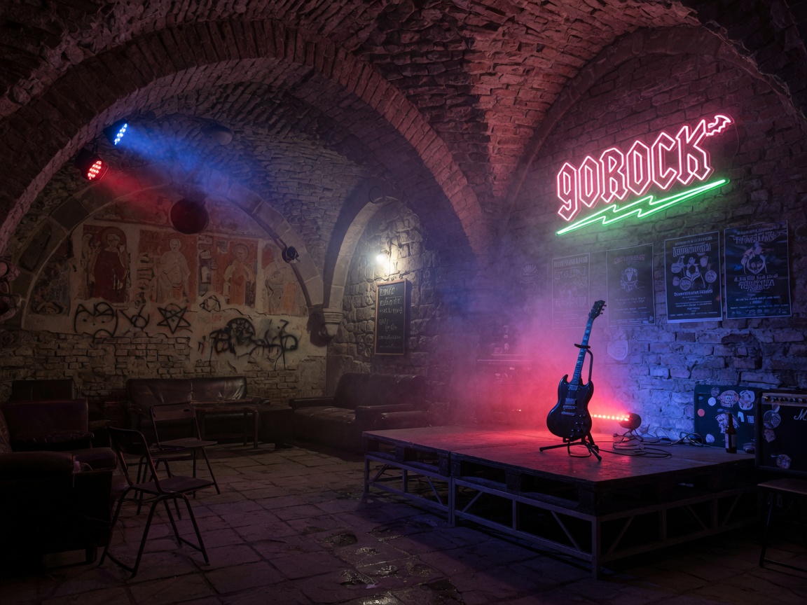 Underground rock club with neon goROCK sign inside a medieval building in Sibiu, Romania