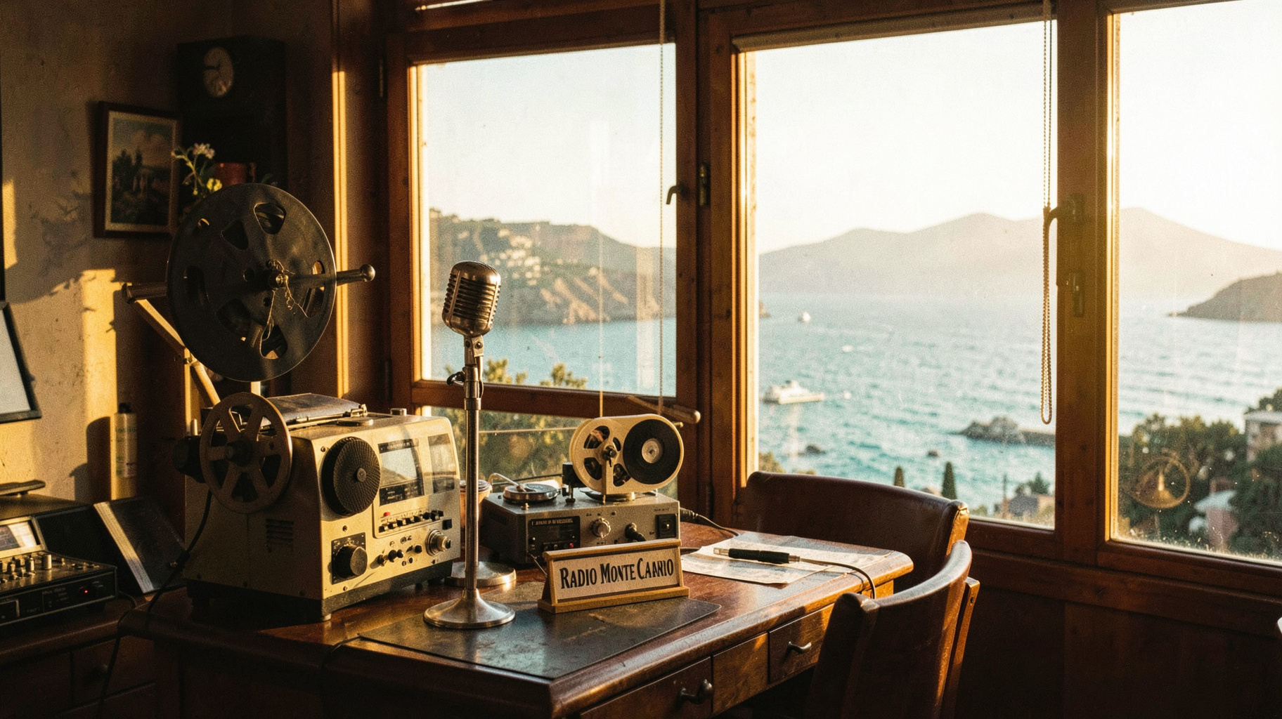 A retro 1960s Italian radio studio overlooking the Tyrrhenian coastline, a desk sign reading Radio Monte Carlo