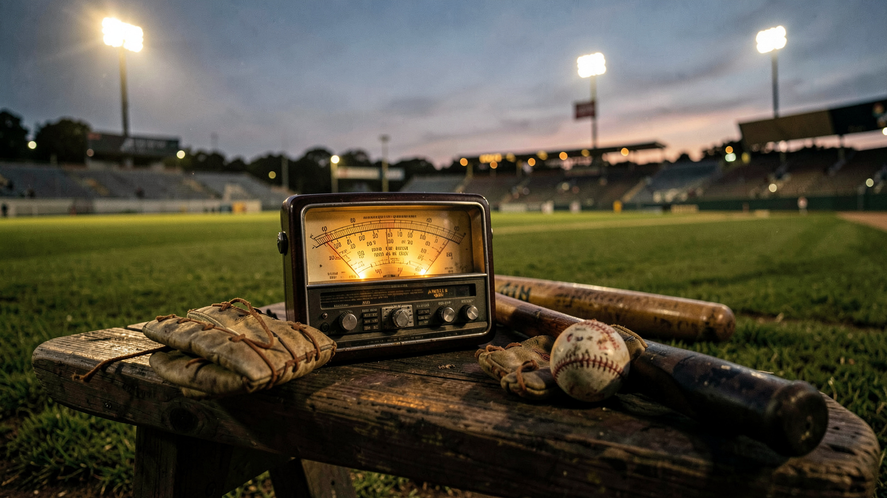 A vintage AM radio in a baseball dugout at twilight with a banner reading Angels Radio AM 830
