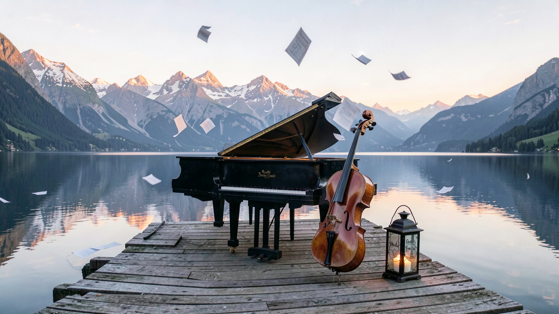A grand piano and cello on a jetty over a Swiss Alpine lake with a sign reading Radio Swiss Classic