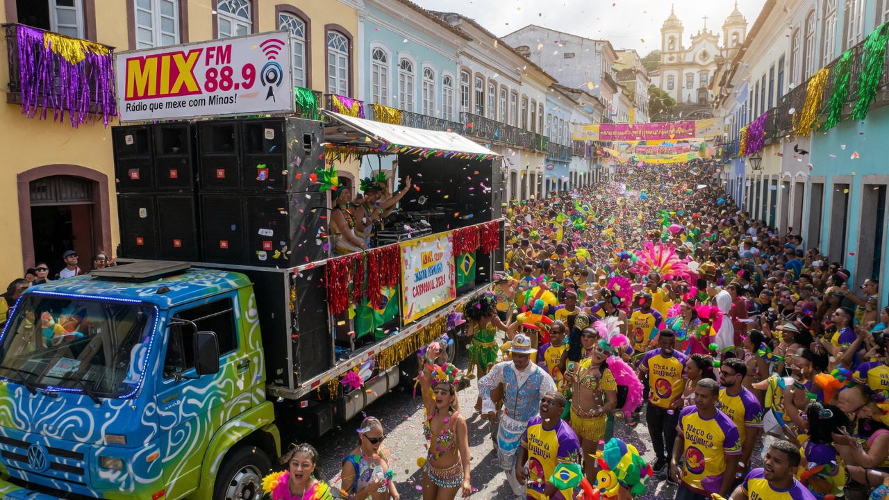 A vibrant Brazilian Carnival street block party with a decorated sound truck displaying a Mix FM 88.9 banner