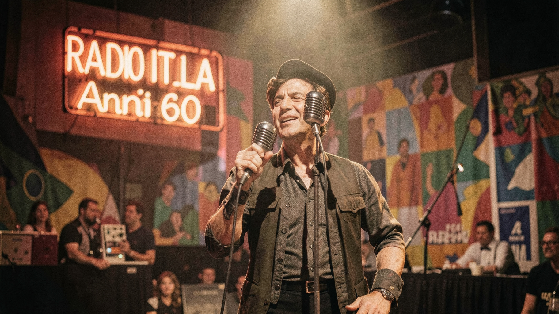 A retro Italian singer performing on a 1960s style stage under a neon sign reading Radio Italia Anni 60