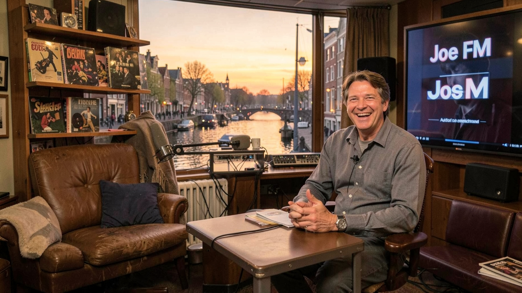 A cozy Flemish radio studio overlooking an Antwerp canal with a screen reading Joe FM
