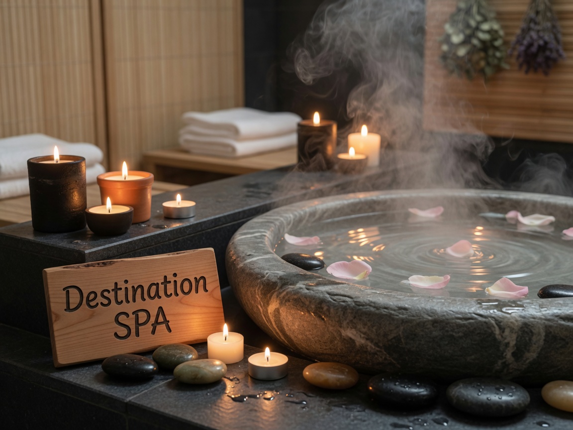 A tranquil spa interior with candlelight, river stones and steam rising from a stone basin