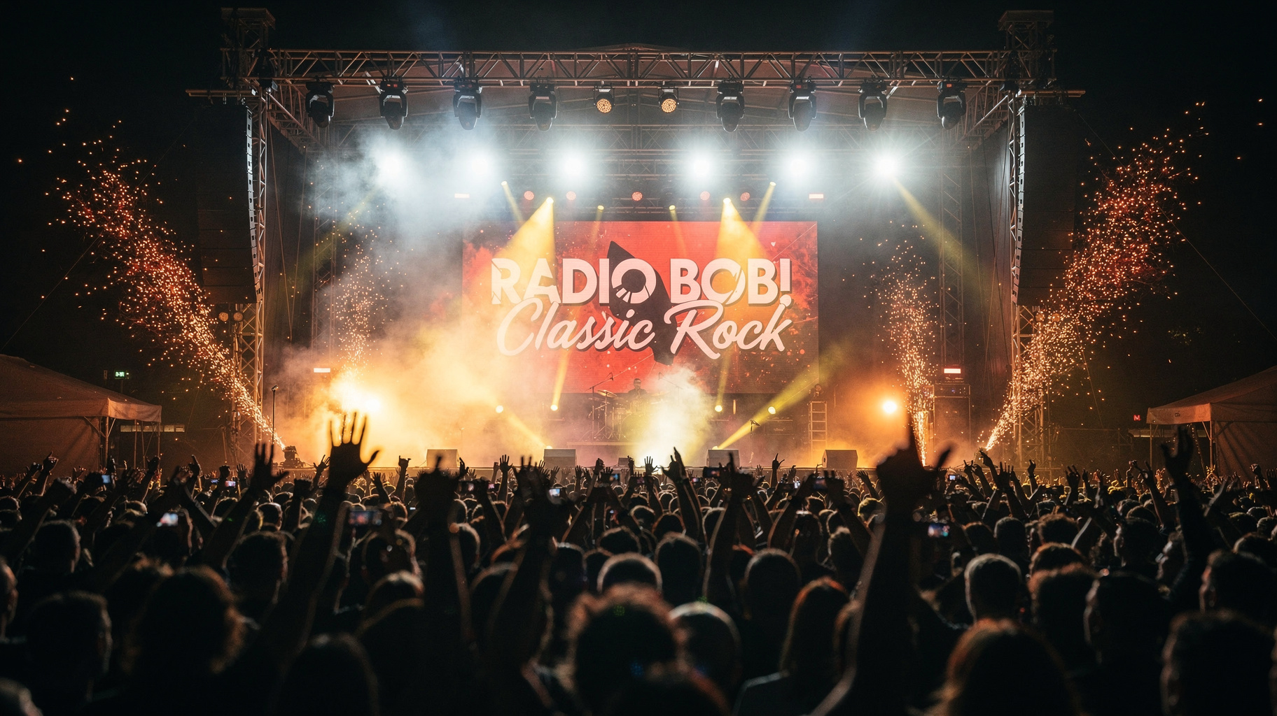 A packed outdoor rock concert crowd with a stage backdrop reading RADIO BOB Classic Rock, inspired by RADIO BOB Classic Rock