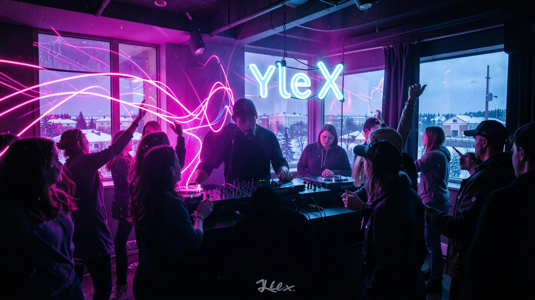 A Helsinki club night with a DJ and a neon sign reading YleX