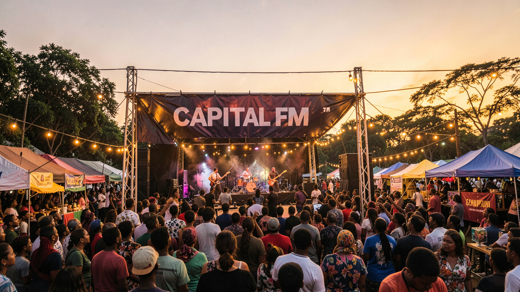 A vibrant outdoor music and food festival at dusk in Nairobi Kenya with a Capital FM banner over the crowd