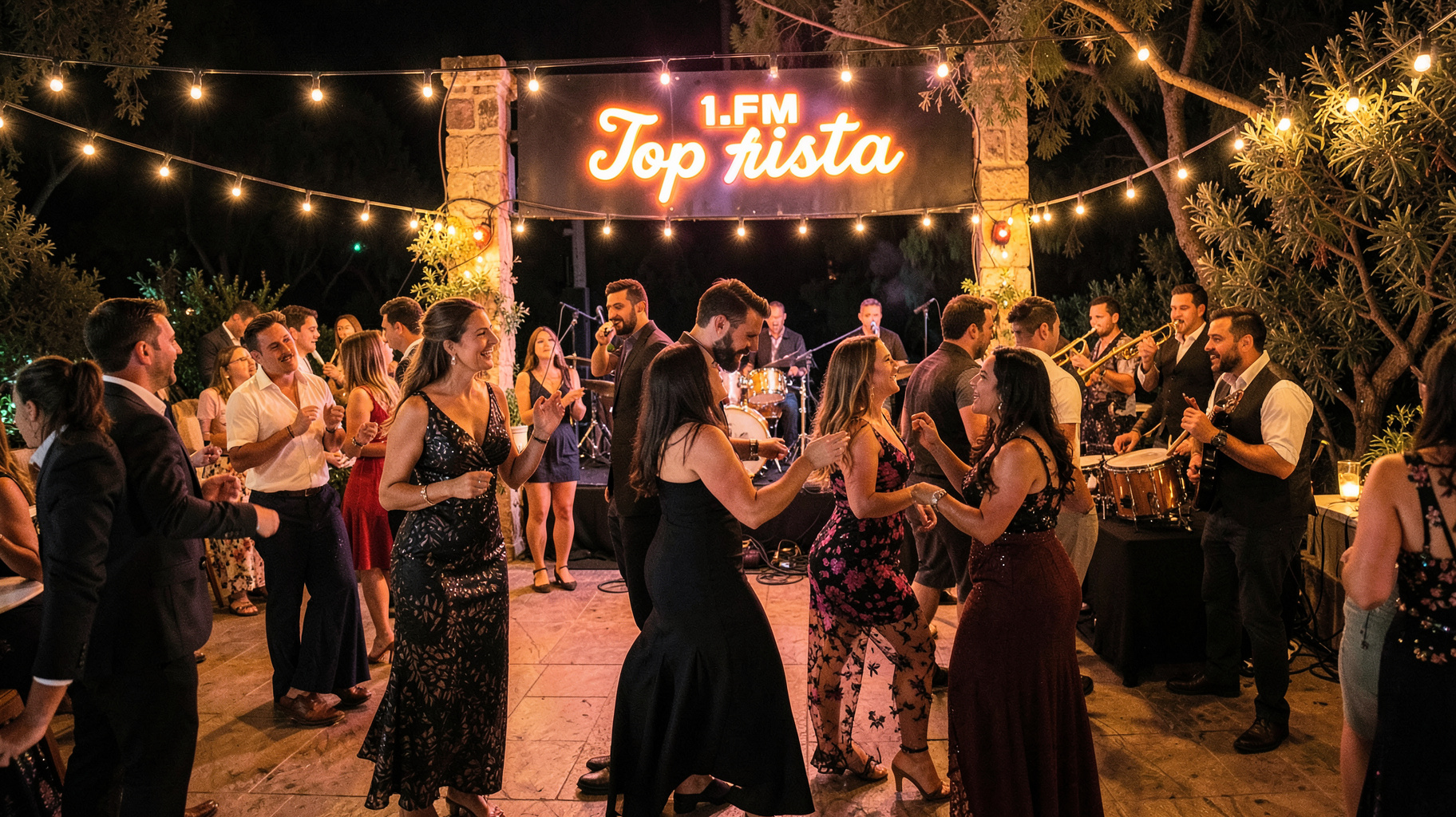 A lively outdoor Latin dance party at night with a 1.FM Top Fiesta sign glowing above the stage