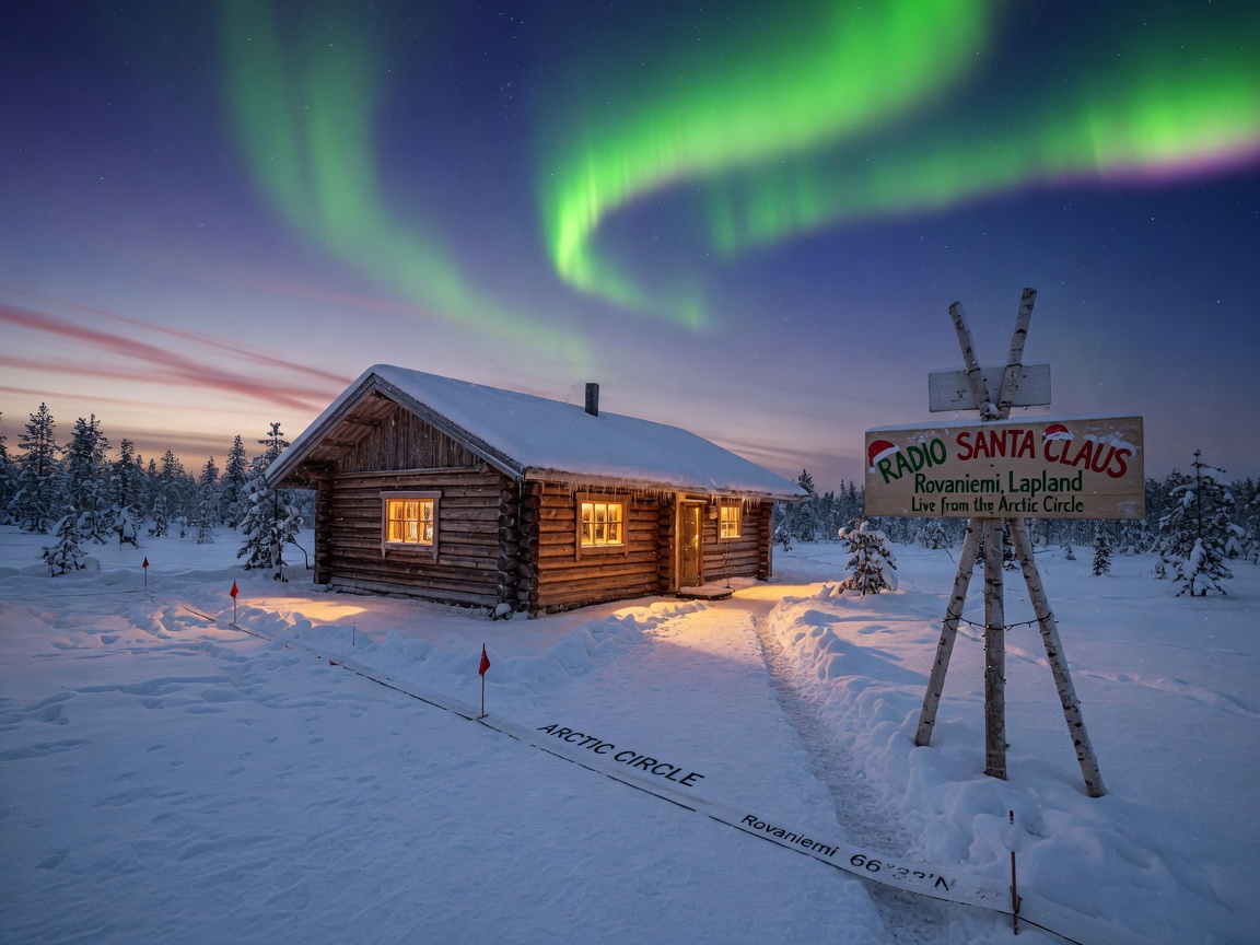 A snowy log cabin on the Arctic Circle in Rovaniemi at dusk, representing Radio Santa Claus