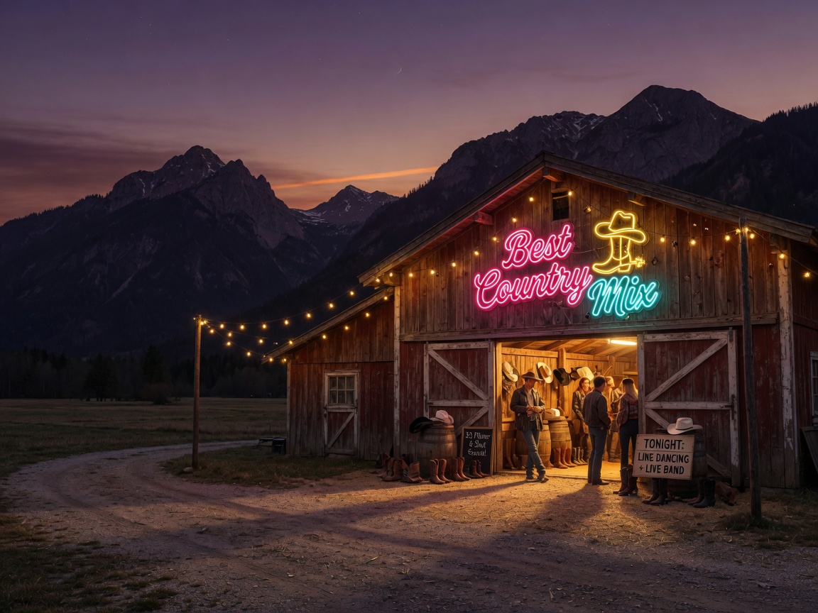 A honky-tonk barn glowing at the foot of the Bavarian Alps