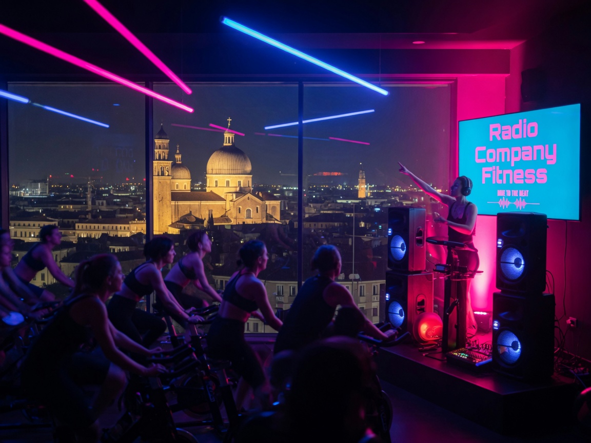 An energetic indoor cycling fitness class at night with neon lighting and the Padova skyline visible through the window, a display reading Radio Company Fitness