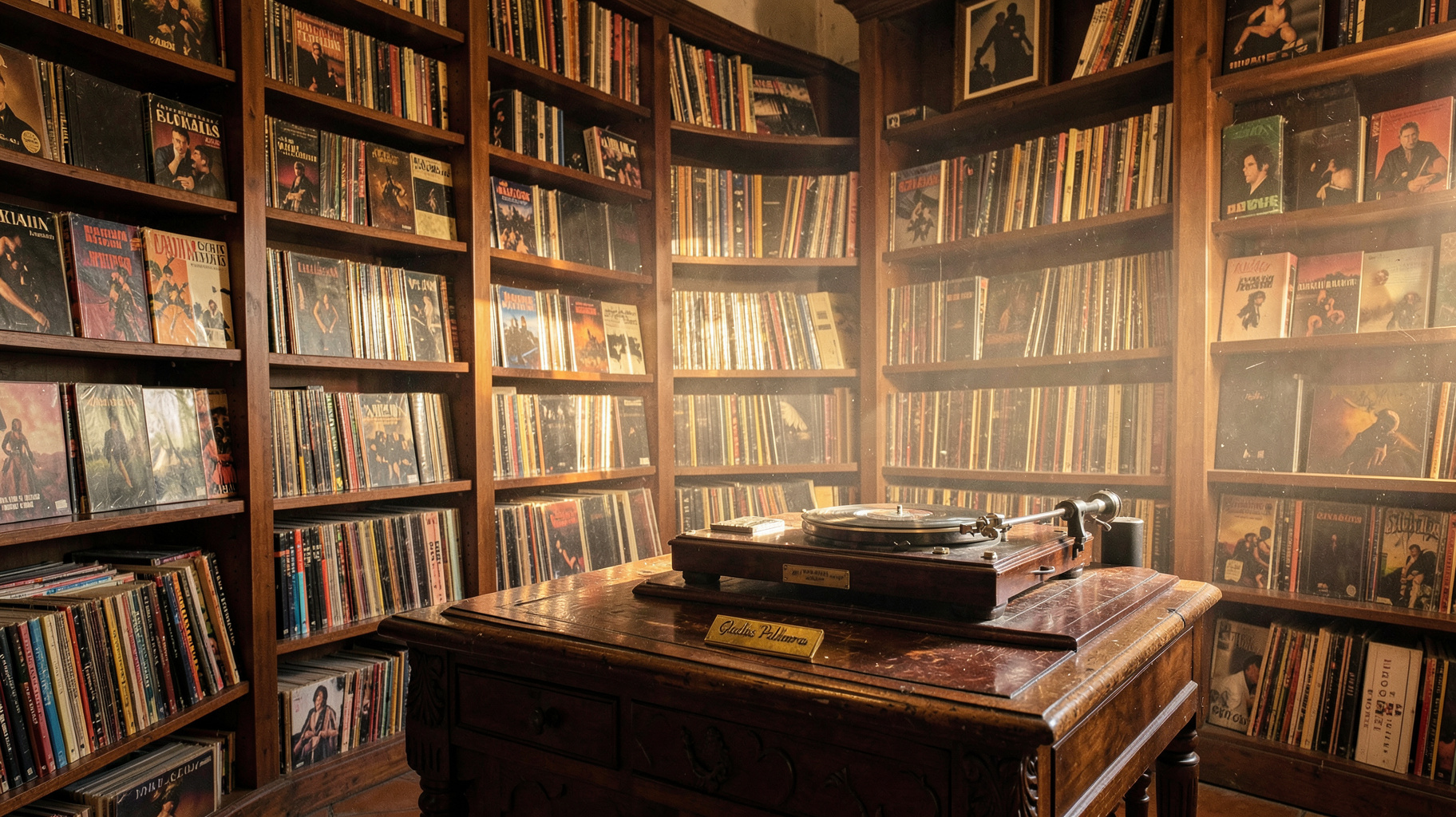 A private vinyl record archive with floor-to-ceiling shelves of Latin music LPs and a vintage turntable
