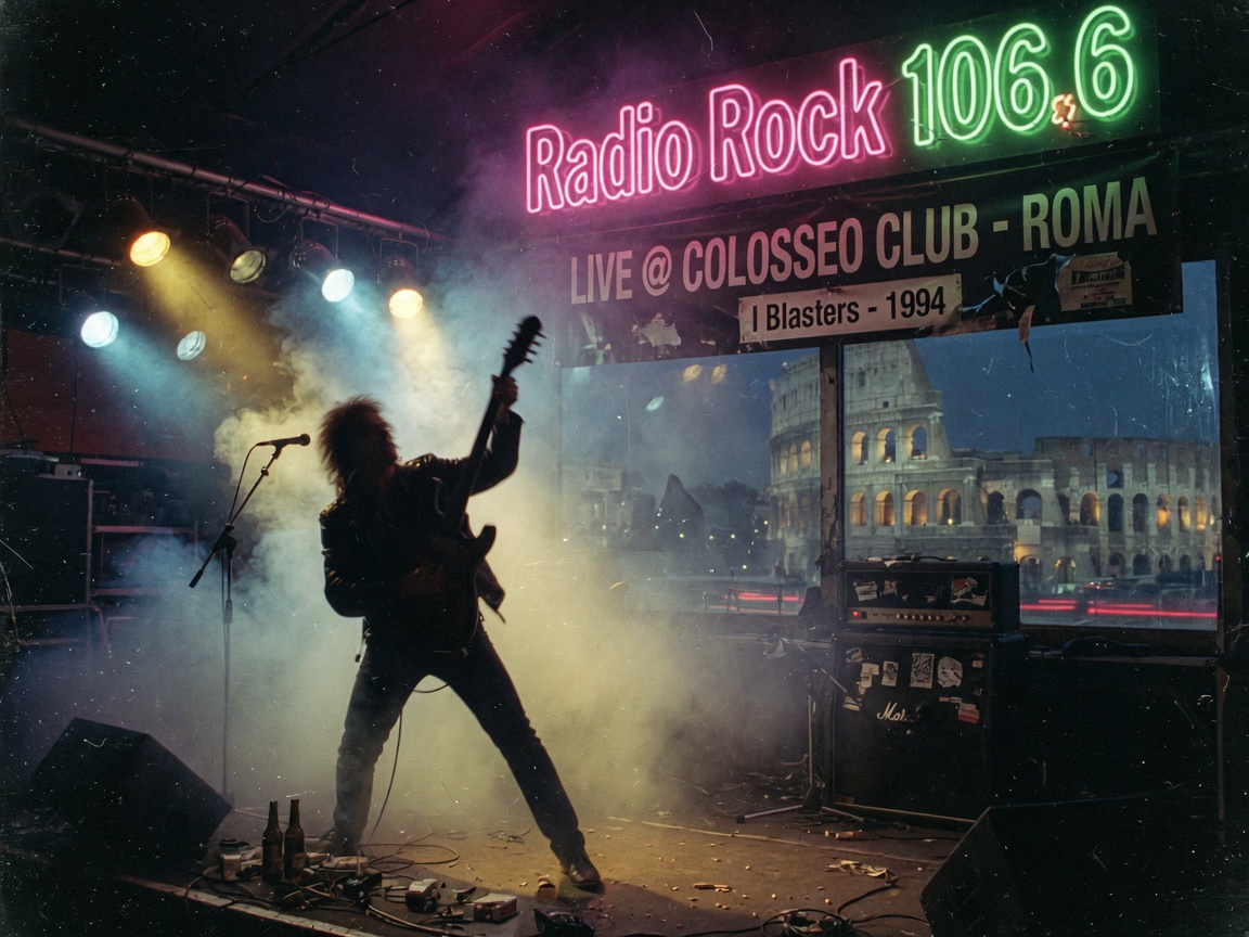 Grunge-era rock concert stage in Rome with the Colosseum visible in the background, inspired by Radio Rock 106.6