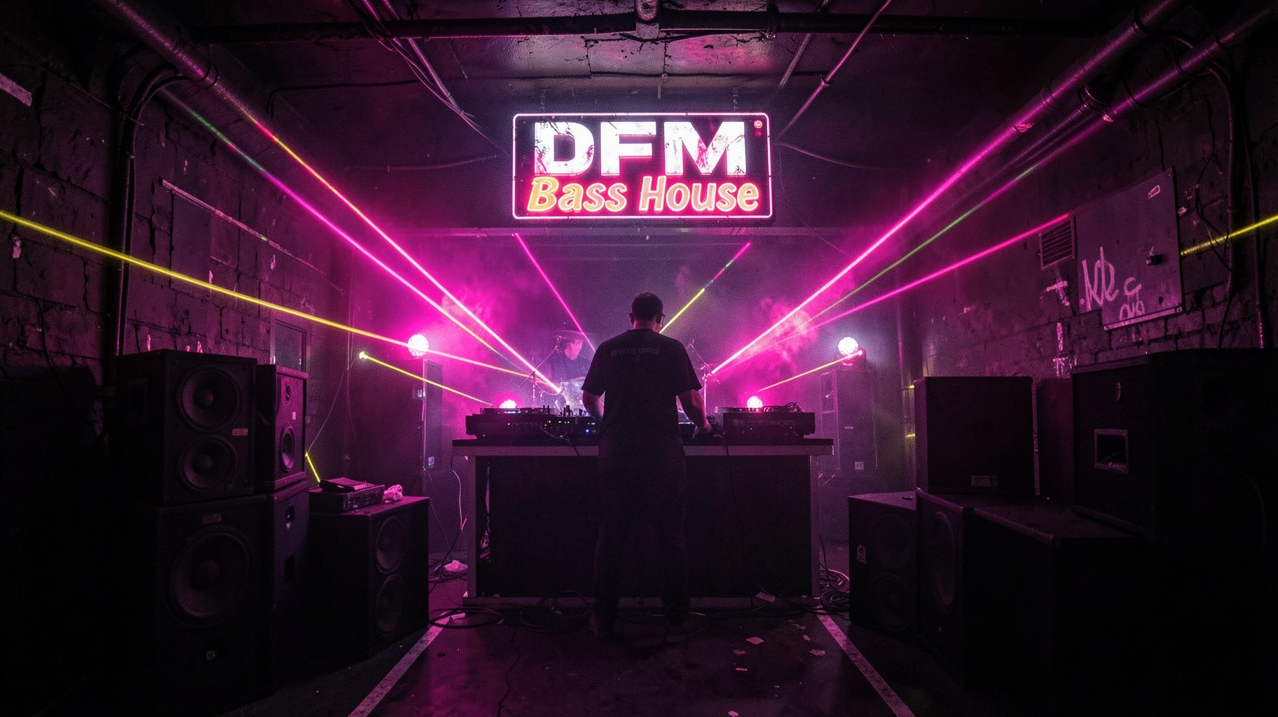 Dark Moscow nightclub with laser lights and a DFM Bass House DJ booth sign