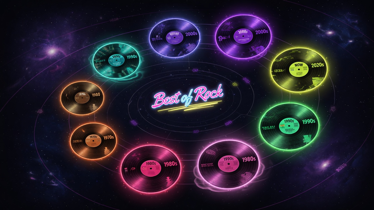 Abstract spiral of glowing vinyl records representing decades of rock music, inspired by RADIO BOB Best of Rock