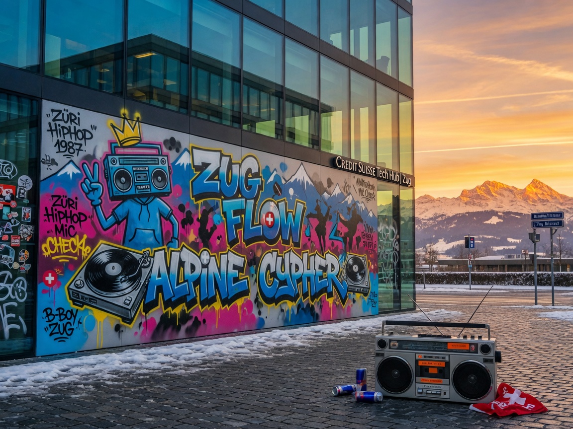A hip-hop mural on a glass office building with the Swiss Alps in the background, representing 1.fm Top Rap