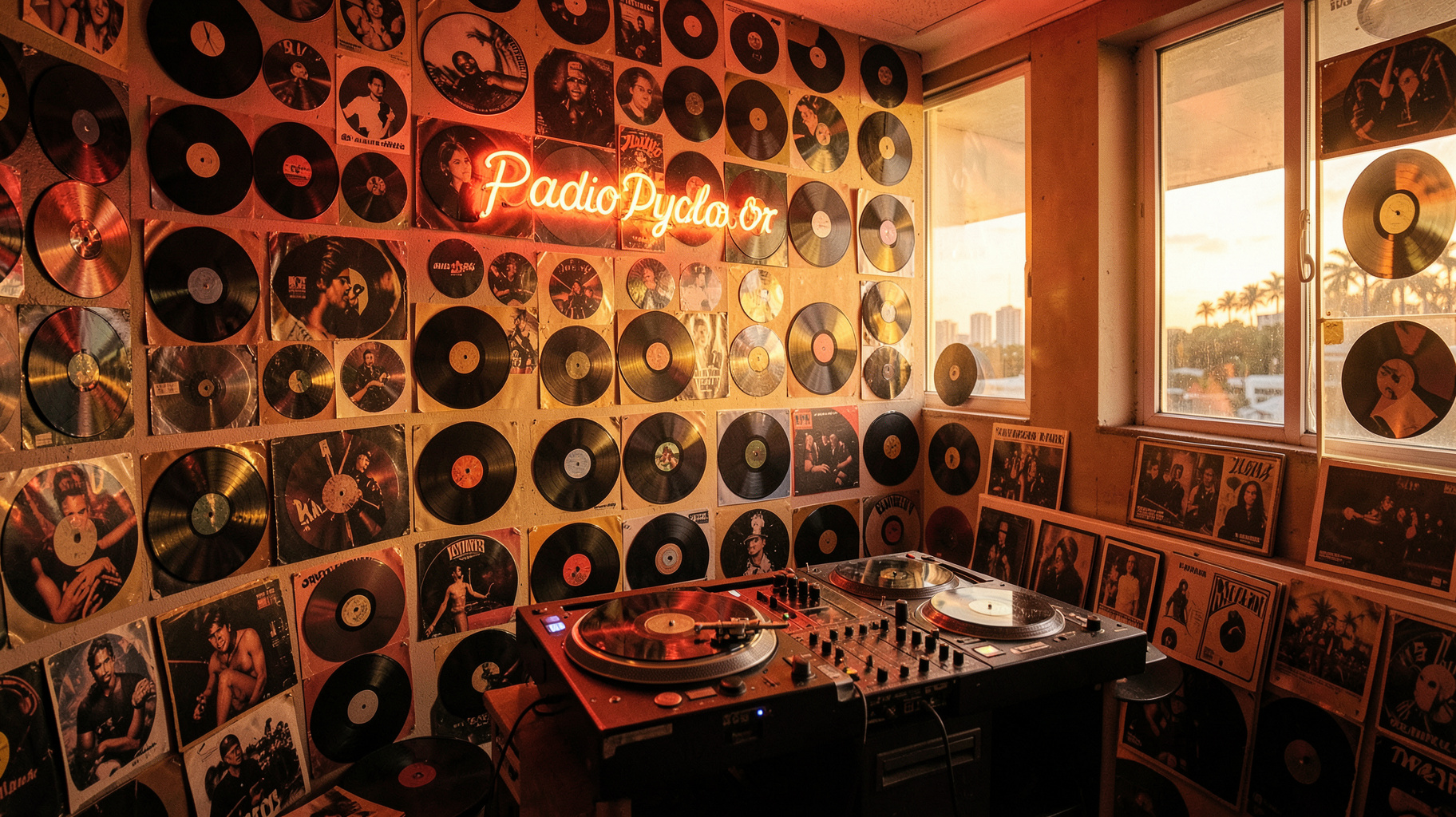 A wall of vintage disco vinyl records with a turntable and a neon Radio Polydor sign