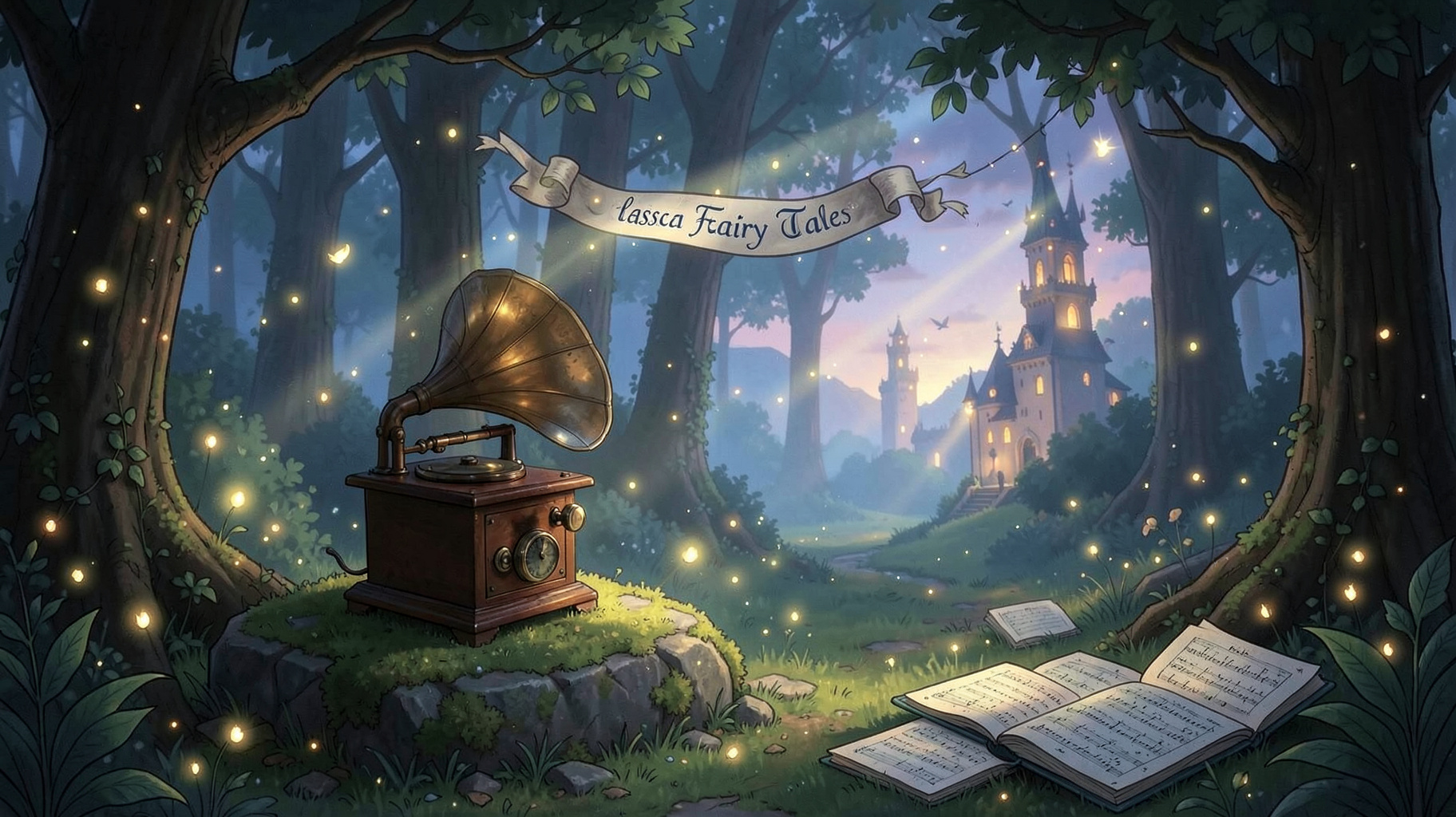 Whimsical fairy tale forest clearing with antique gramophone and Classical Fairy Tales banner