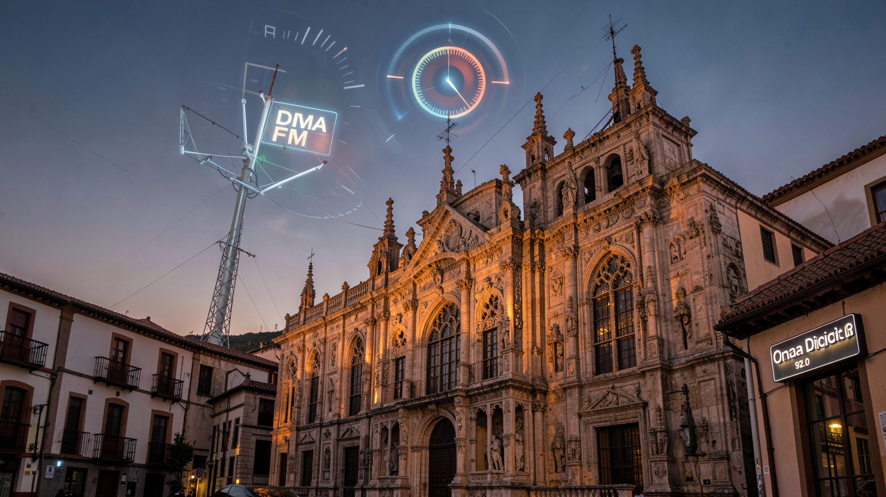 The historic Palacio del Infantado in Guadalajara, Spain glowing at dusk with a digital radio graphic and Onda Digital FM sign