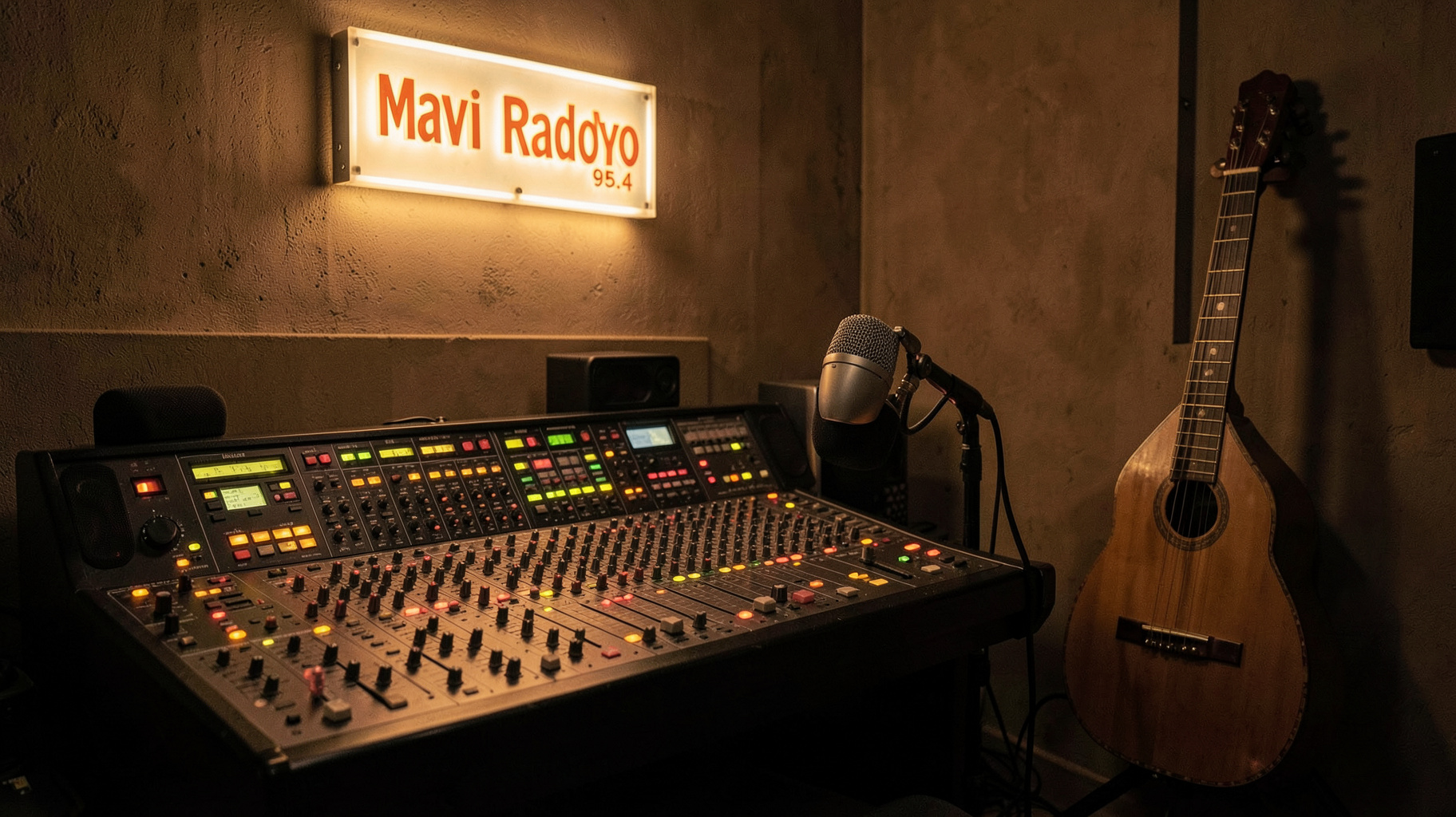 A small-town Turkish radio studio at night with a bağlama lute by the microphone and a sign reading Mavi Radyo 95.4