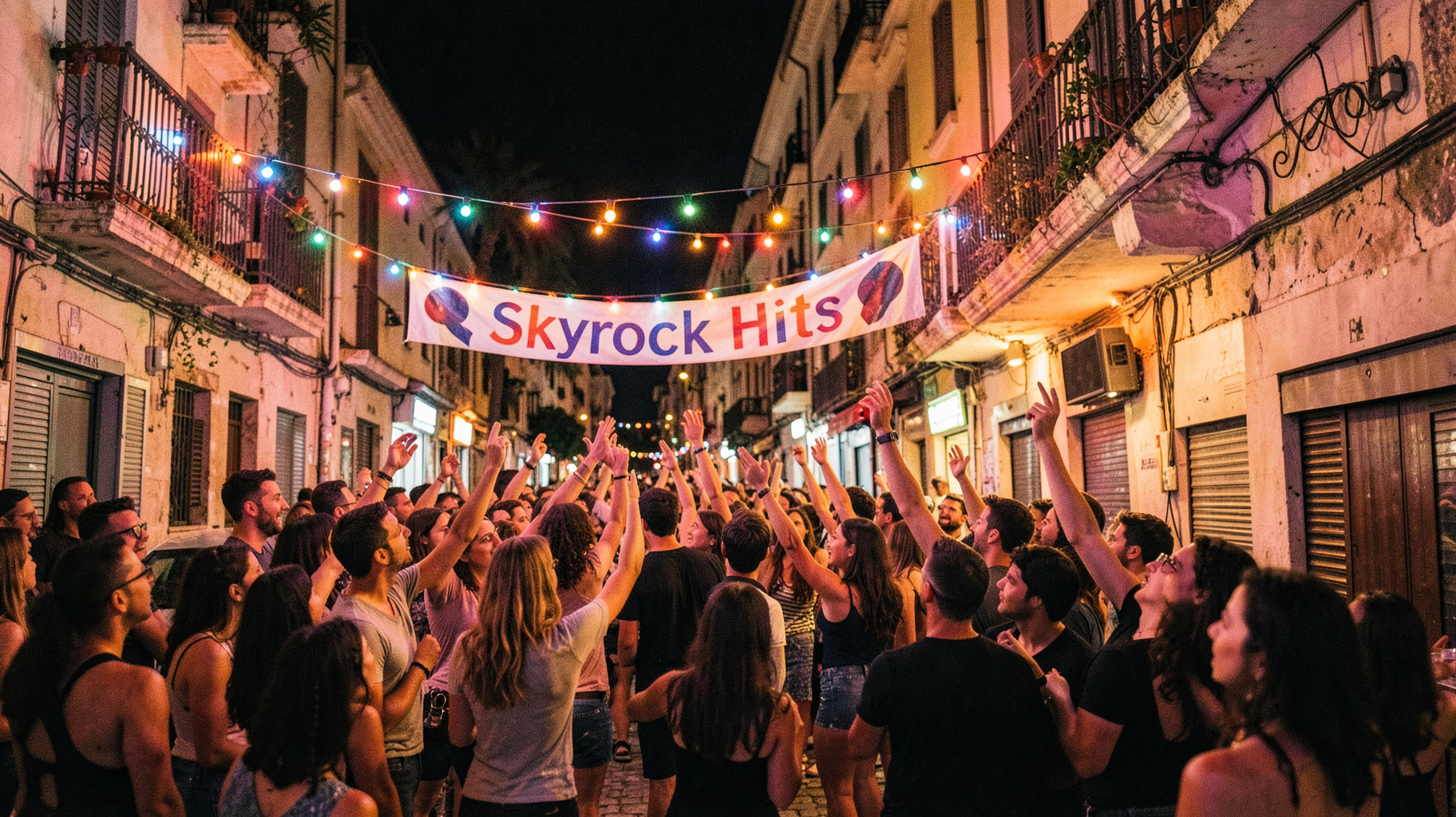 An outdoor summer block party in Marseille with a banner reading Skyrock Hits