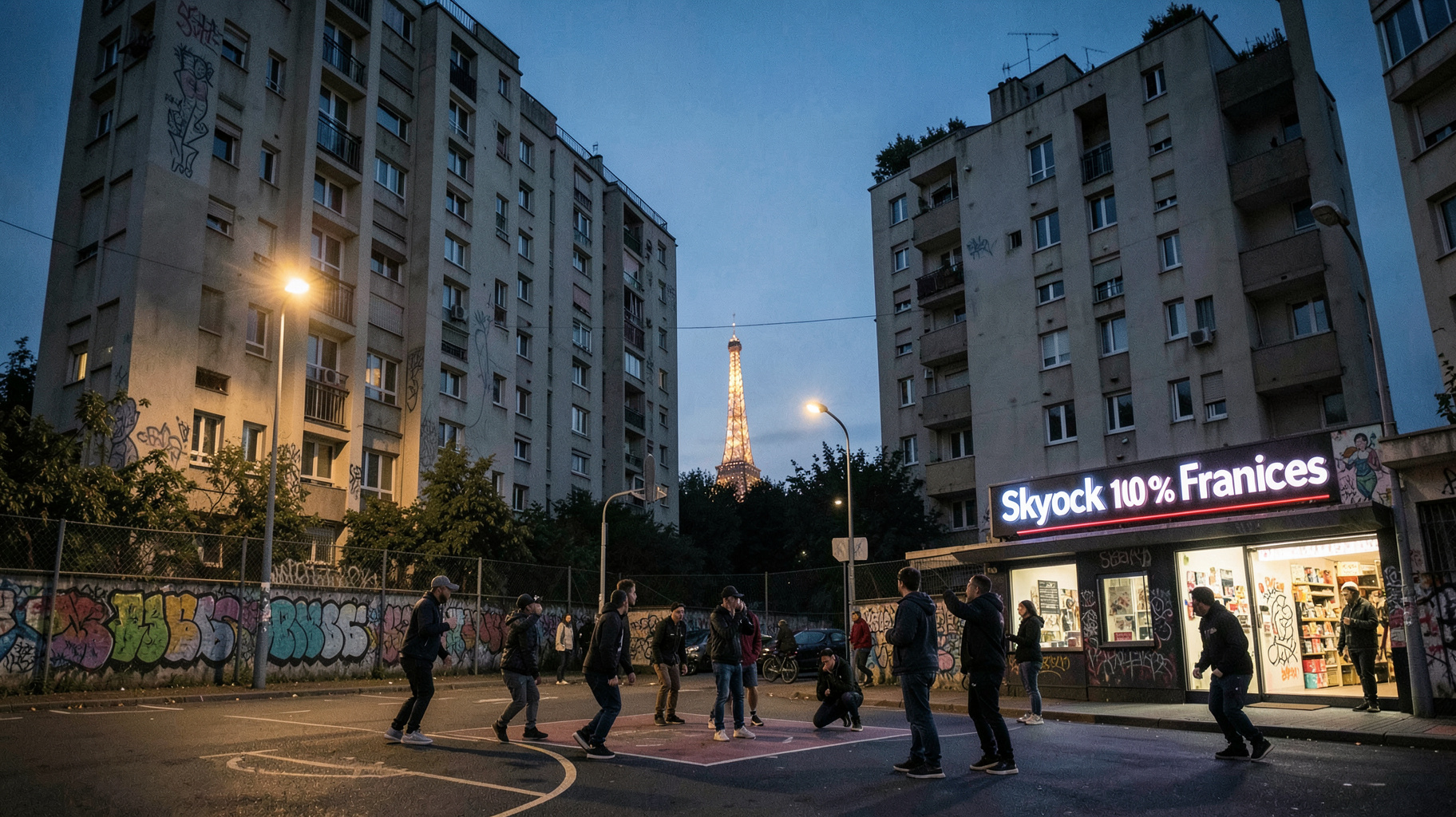 A Parisian banlieue housing estate at dusk with a sign reading Skyrock 100% Français