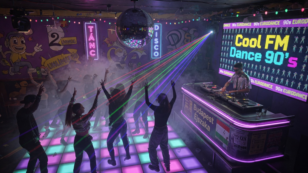A neon-lit 90s retro dance club with a laser-lit floor and an LED screen reading Cool FM Dance 90's