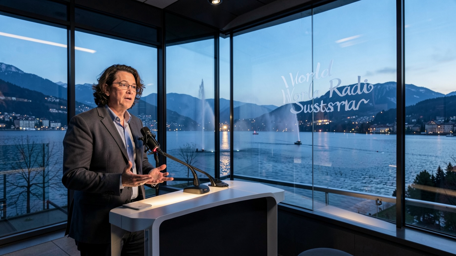 A modern glass radio studio overlooking Lake Geneva and the illuminated Jet d'Eau fountain with a sign reading World Radio Switzerland