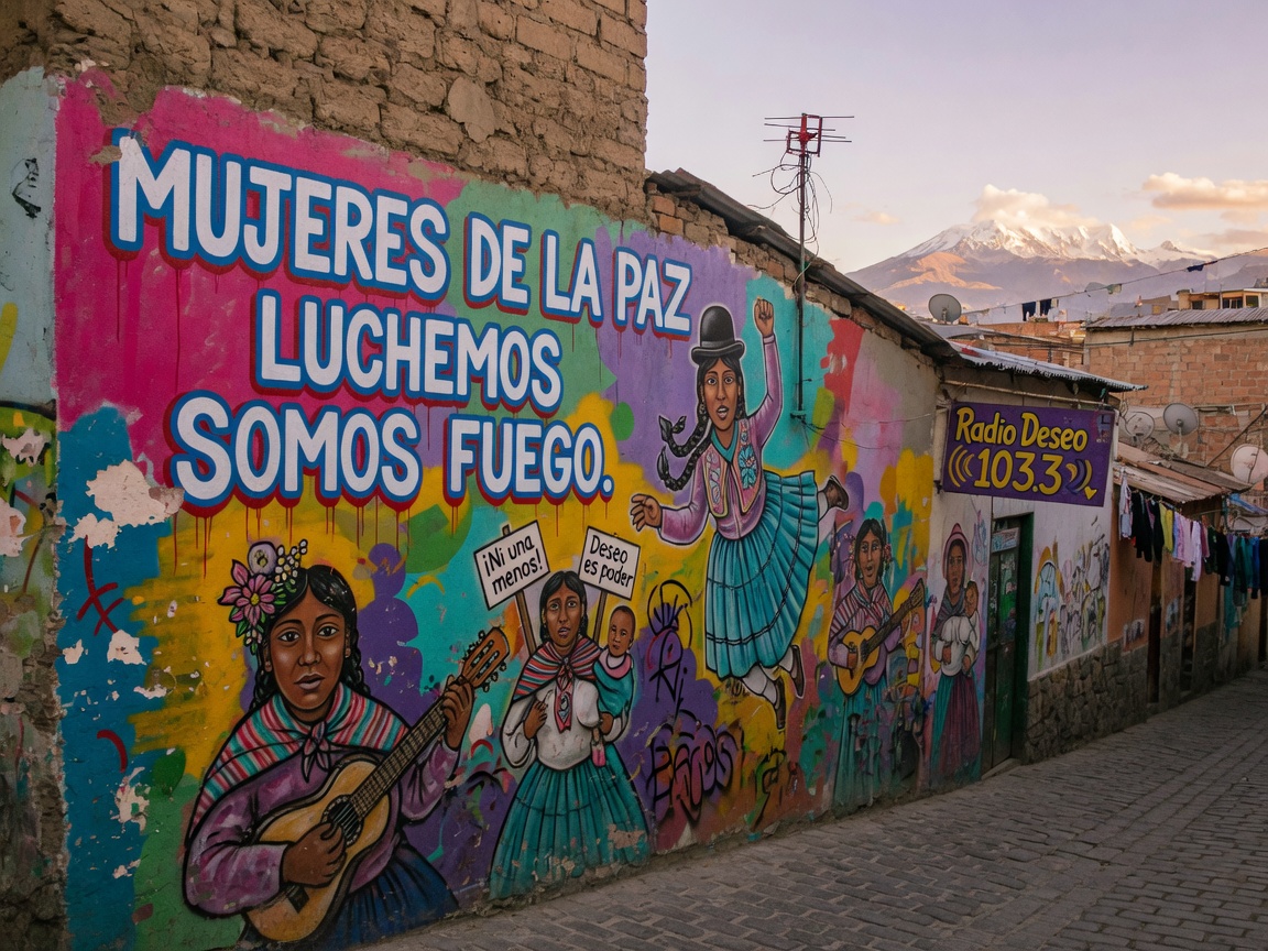A colorful hand-painted feminist street mural on a cobblestone alley wall in La Paz, Bolivia, with a Radio Deseo 103.3 antenna sign visible on a nearby rooftop