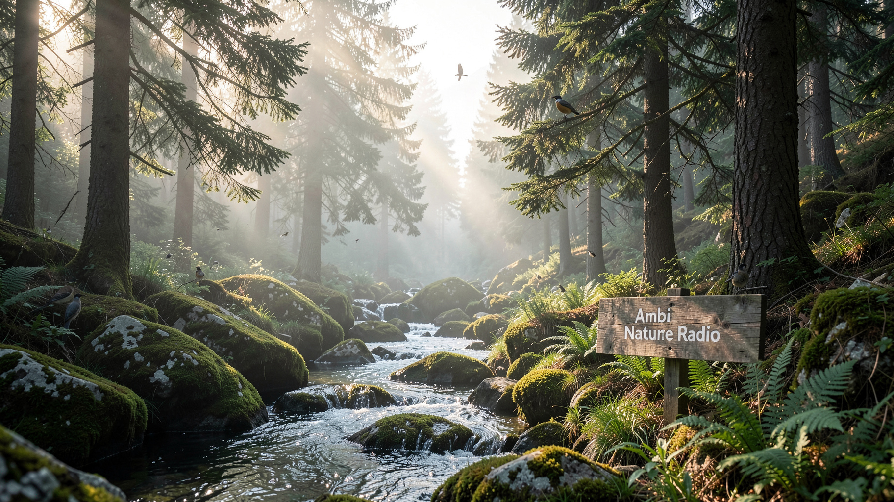 A misty Swiss alpine forest at dawn with a brook running between mossy rocks