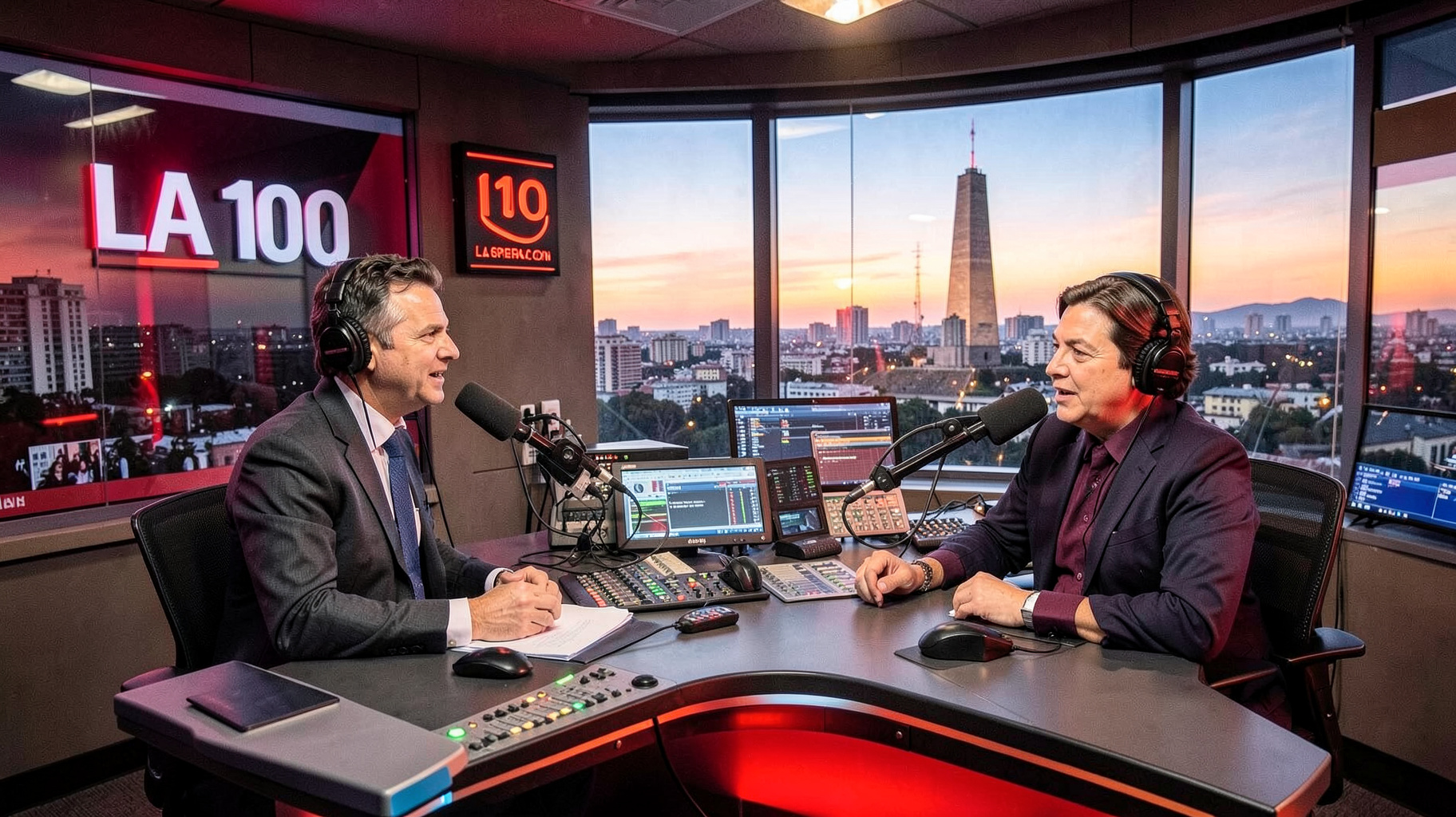A busy Buenos Aires radio studio with the Obelisco visible at sunset