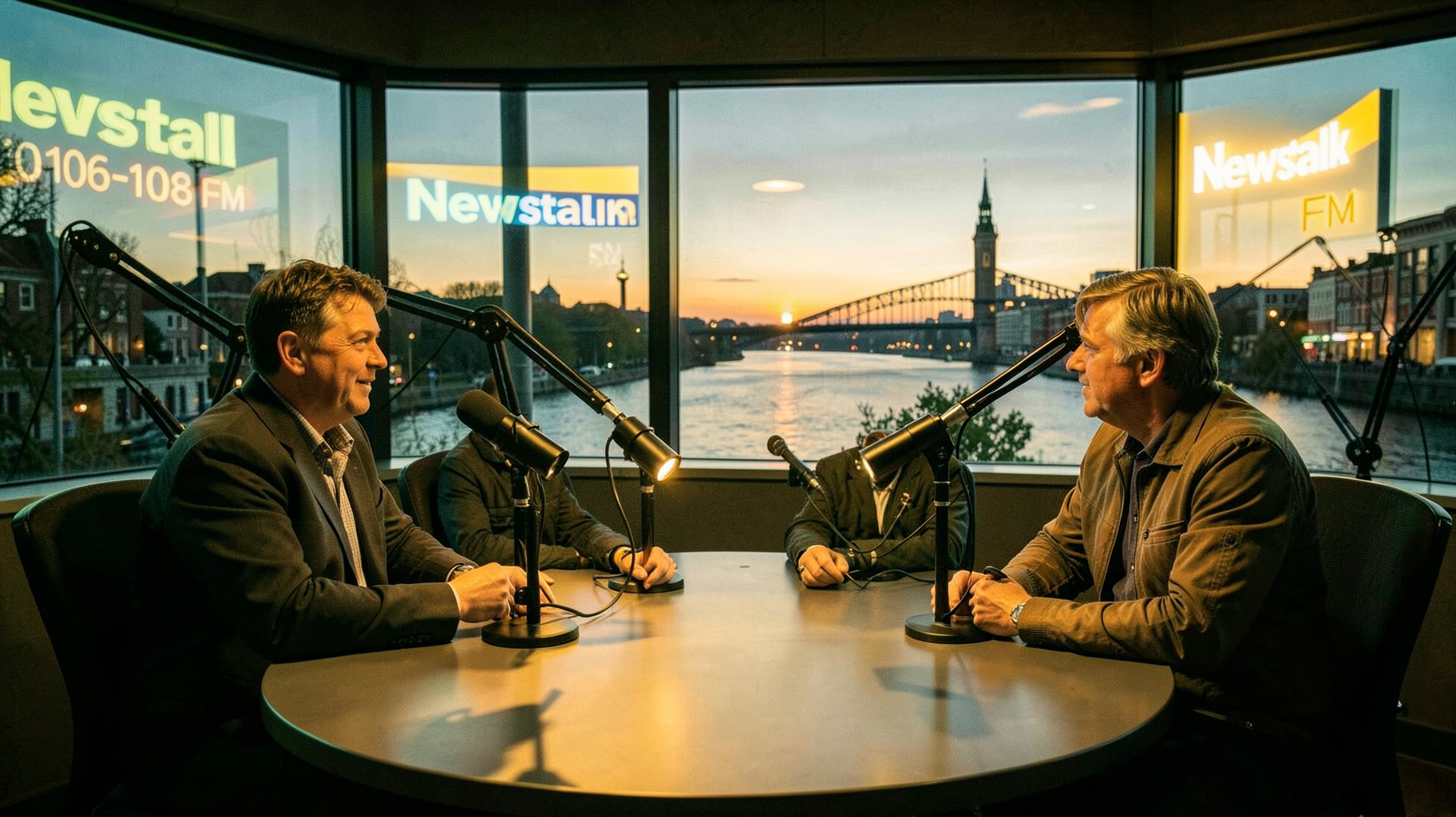 An Irish talk radio studio overlooking the River Liffey with a sign reading Newstalk 106-108 FM