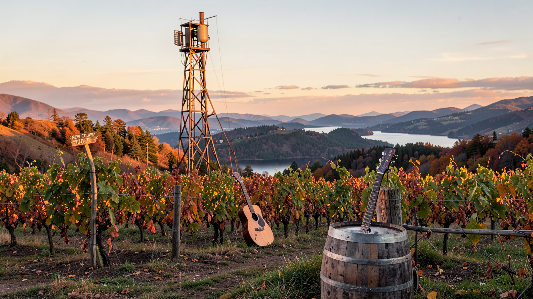 A golden-hour Okanagan Valley vineyard near Penticton with a sign reading New Country 100.7 on a fence post