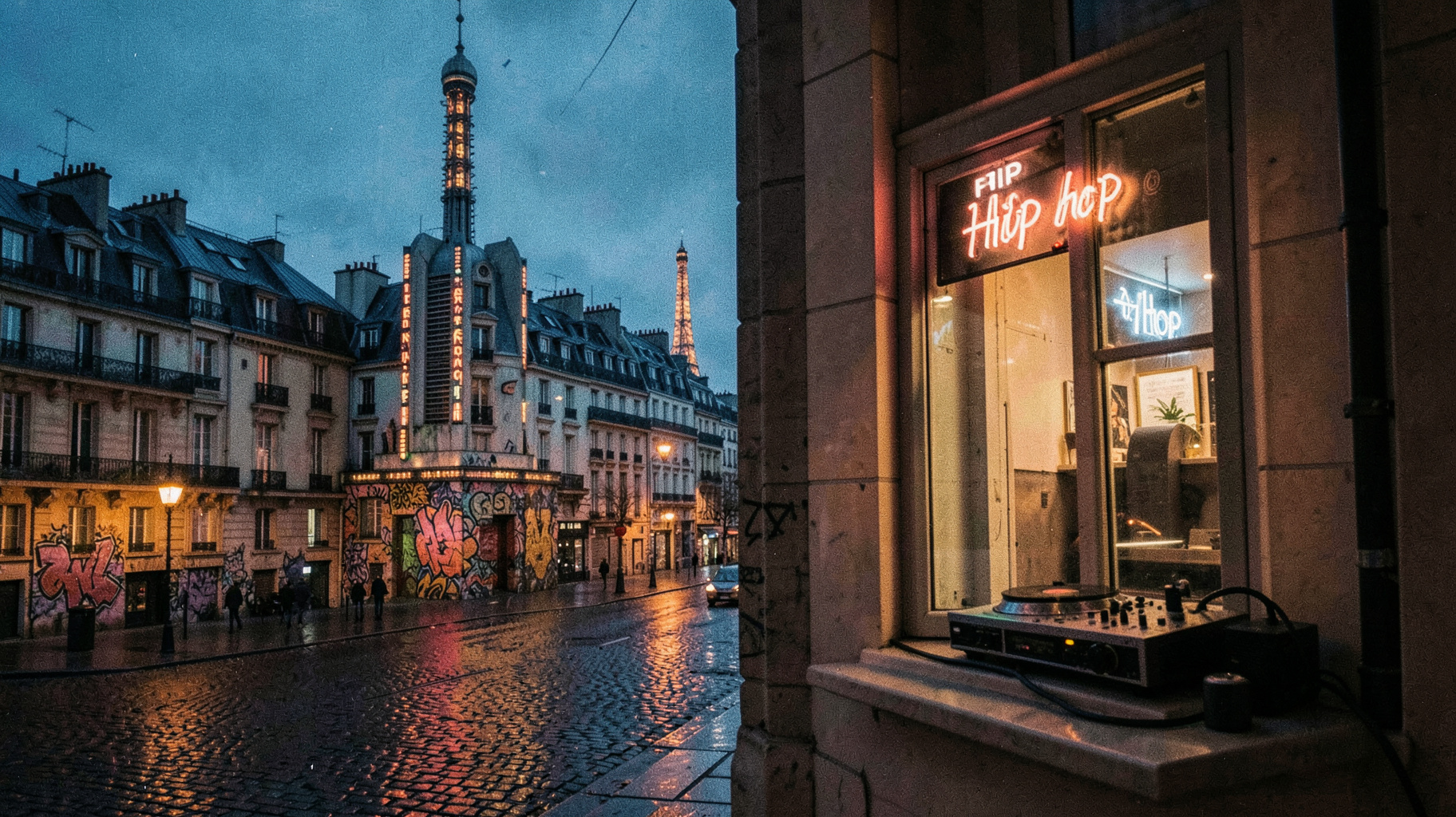A Paris street at dusk with hip-hop graffiti murals wrapped around a radio tower and a neon sign reading FIP Hip Hop