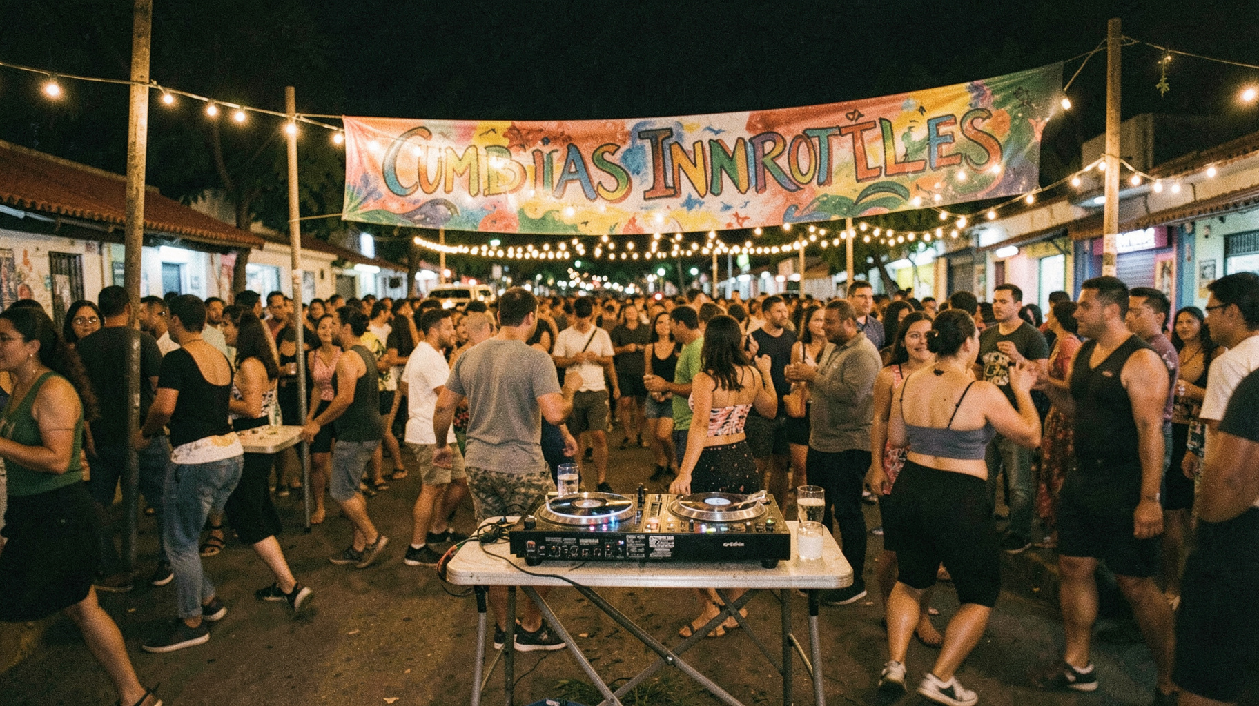A vintage sonidero street dance in Monterrey at night with a banner reading Cumbias Inmortales