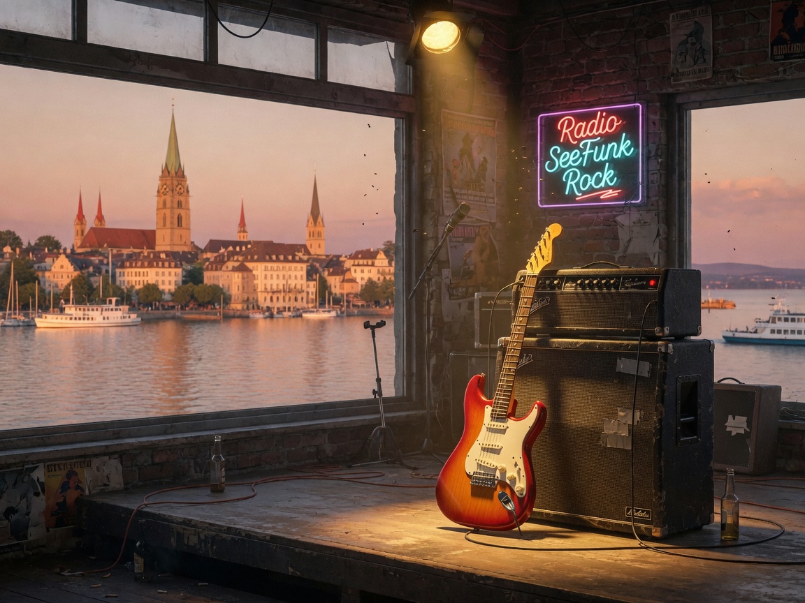 An electric guitar and amplifier on stage with Lake Constance and the Konstanz old town visible through a window at golden hour