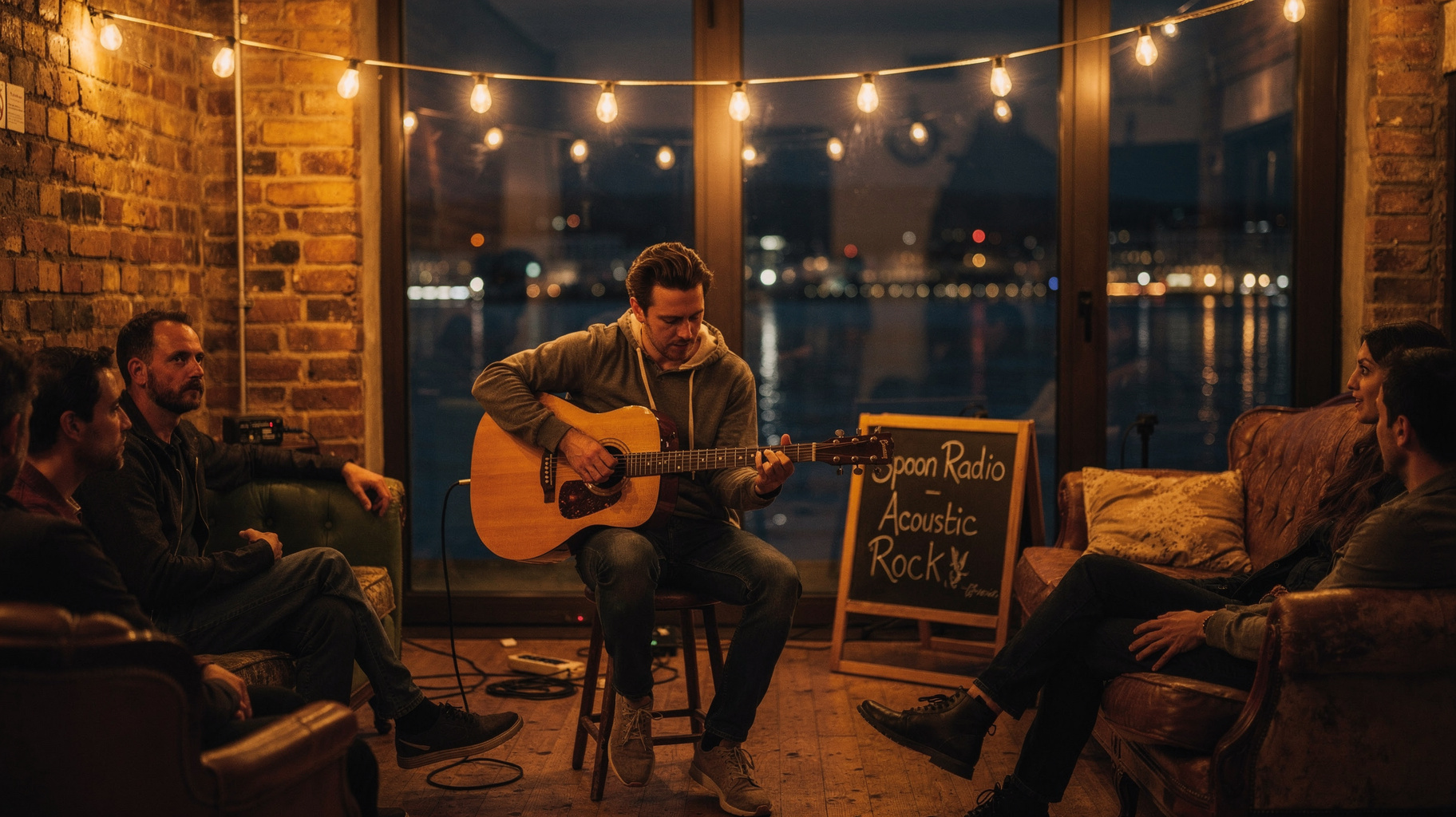 An intimate unplugged acoustic session in a Geneva loft with a sign reading Spoon Radio Acoustic Rock, inspired by Spoon Radio Acoustic Rock