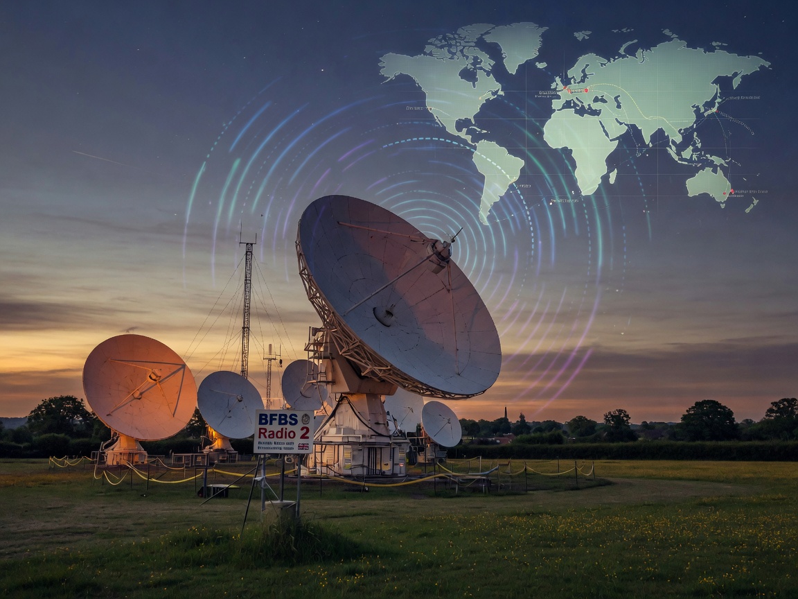 A satellite broadcast dish array in the English countryside at dusk